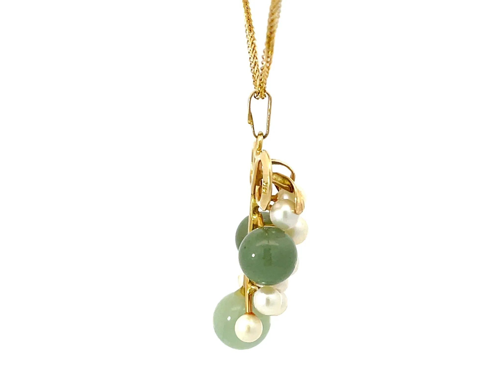 Mings Hawaii Round Jade Pearl Leaf Necklace 14k Yellow Gold