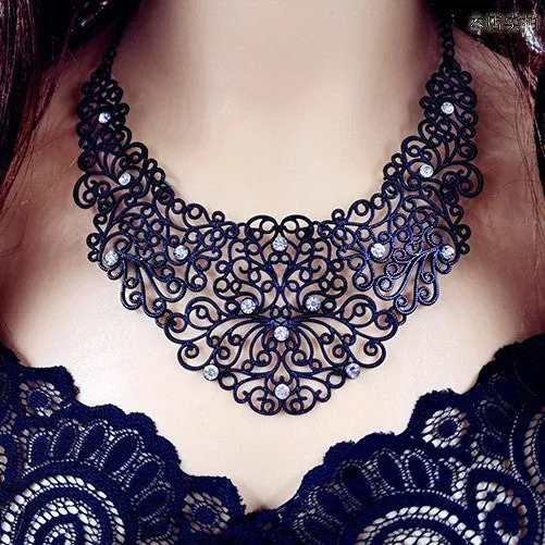 Moon Retro Black Hollow Crystal Gem Ethnic Alloy Collar Choker Statement Necklaces 2015 Vintage Jewelry Women N270
