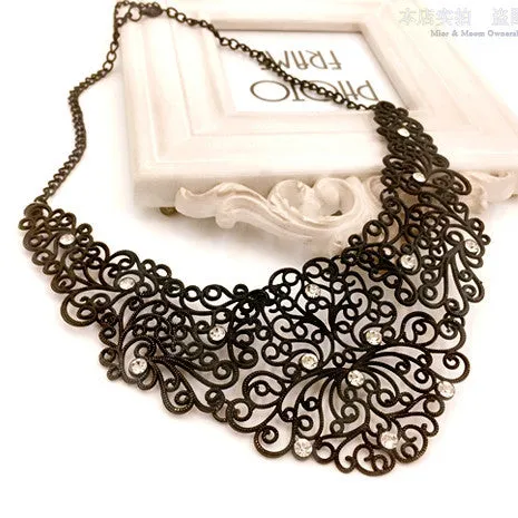 Moon Retro Black Hollow Crystal Gem Ethnic Alloy Collar Choker Statement Necklaces 2015 Vintage Jewelry Women N270