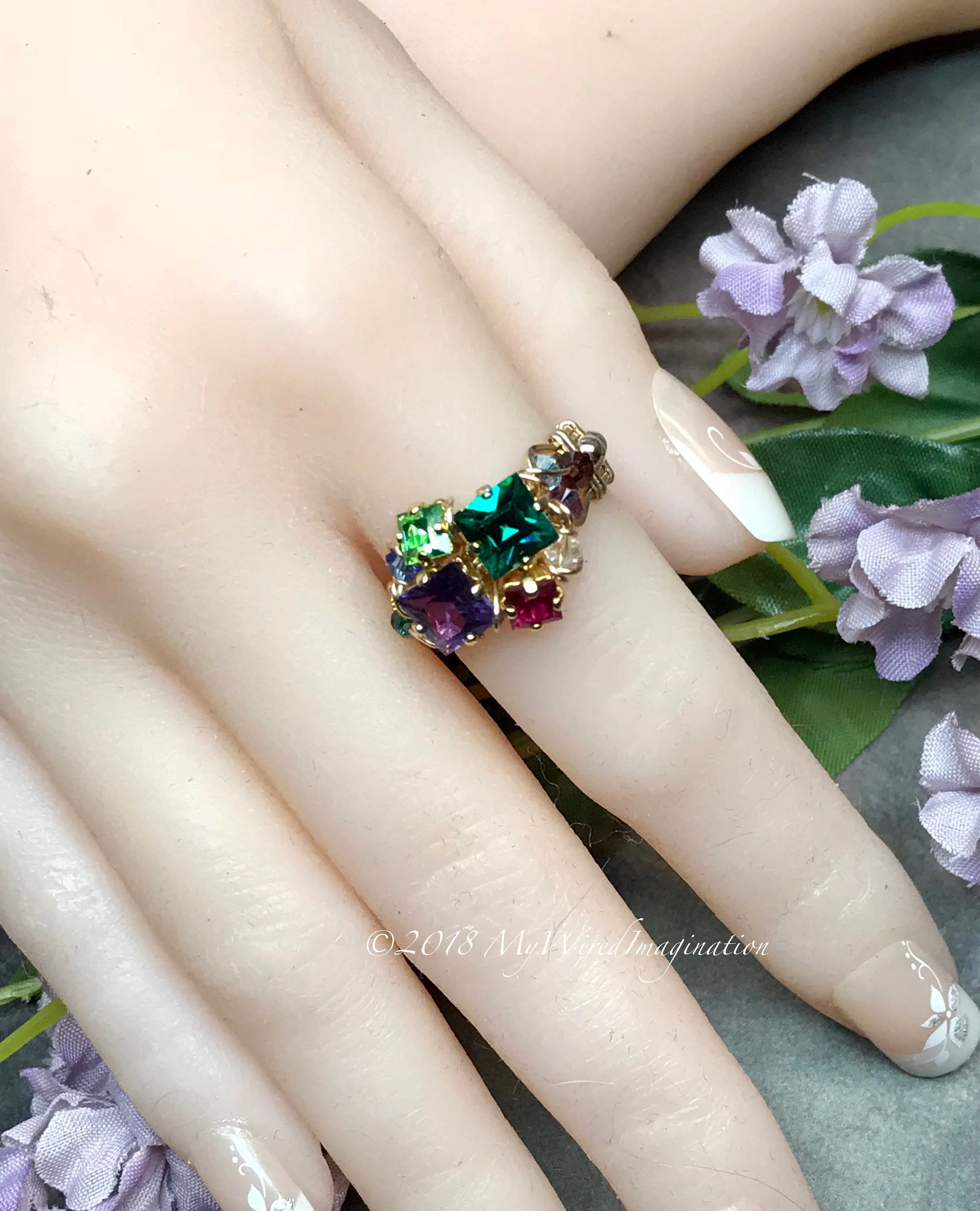 Mother's Ring, Year of Gemstones, 12 Birthstone Handmade Ring 14K GF US Size 6.5