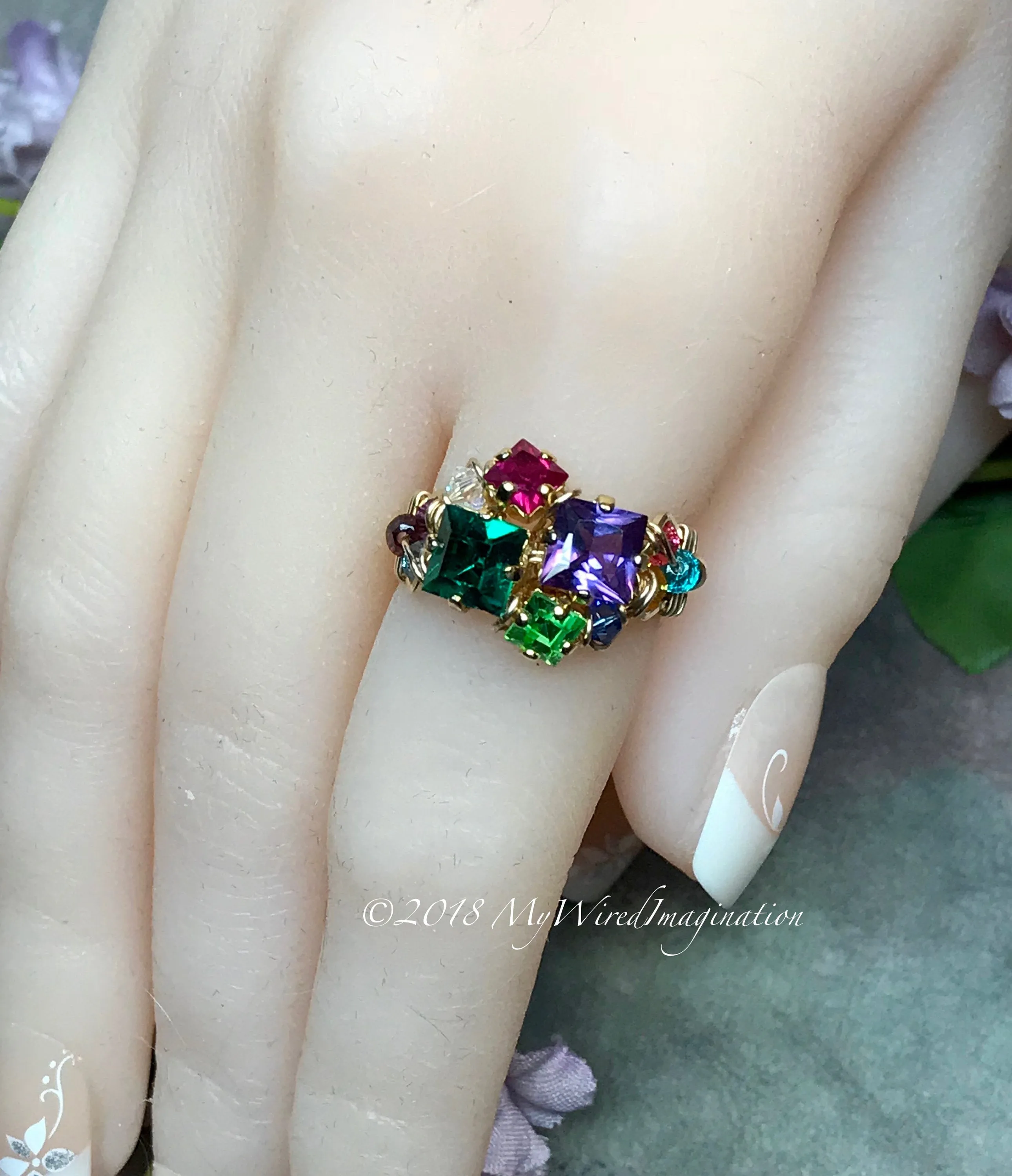 Mother's Ring, Year of Gemstones, 12 Birthstone Handmade Ring 14K GF US Size 6.5