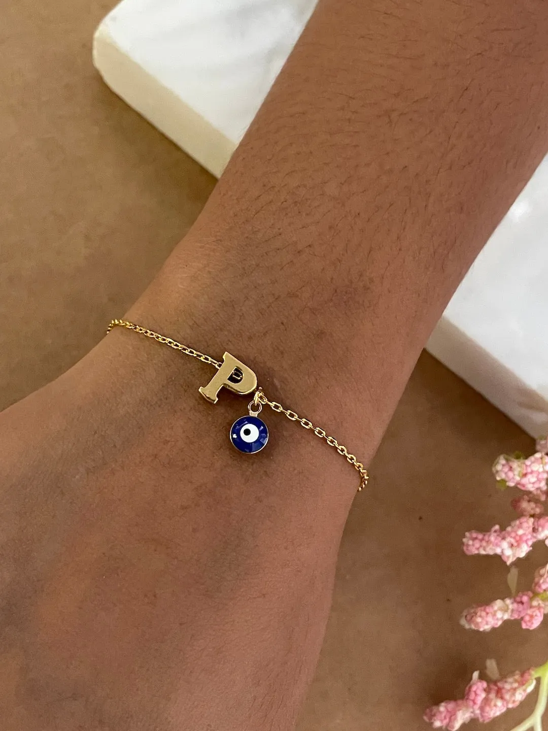 Name Initial Letter Bracelet With Blue Evil Eye Charm