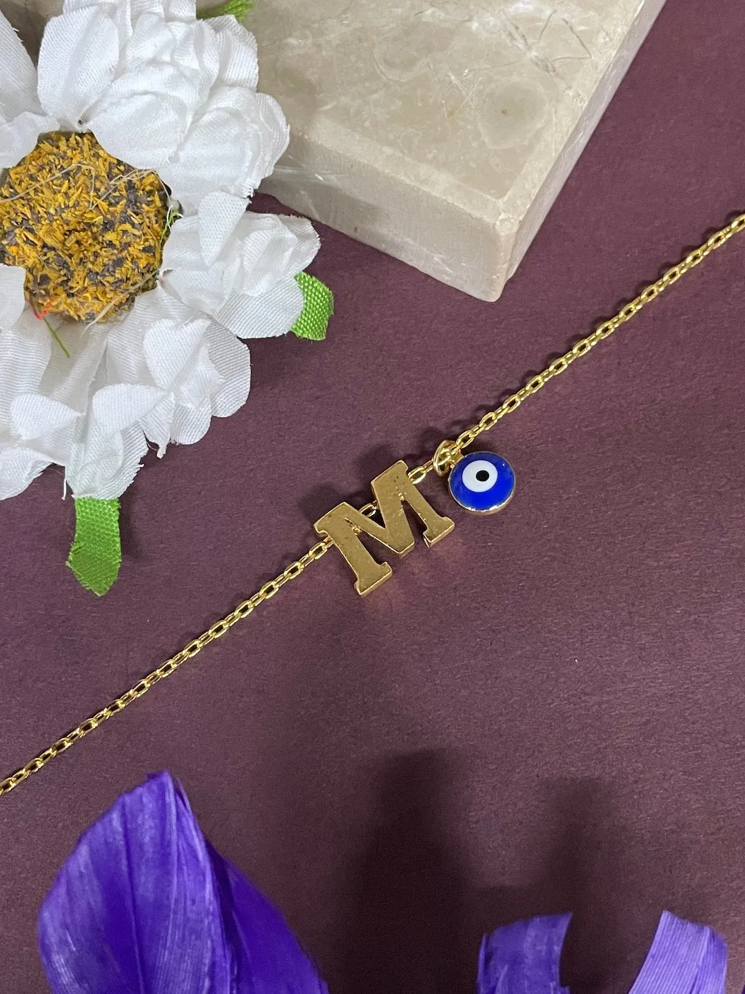 Name Initial Letter Bracelet With Blue Evil Eye Charm