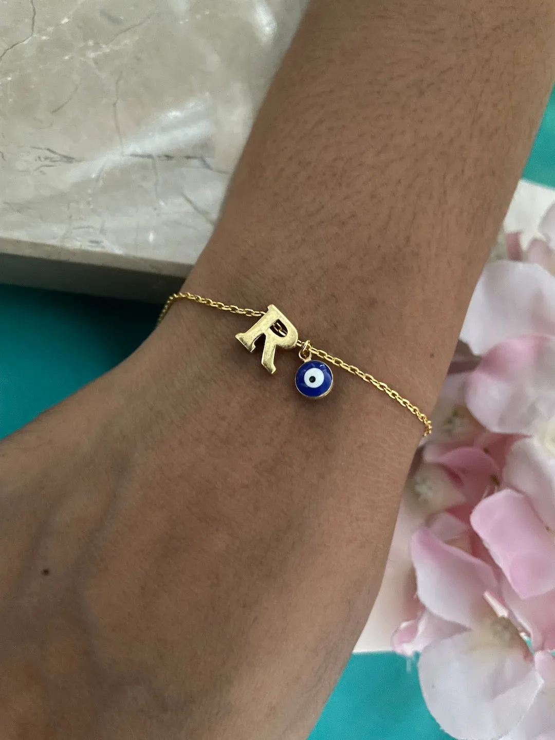 Name Initial Letter Bracelet With Blue Evil Eye Charm