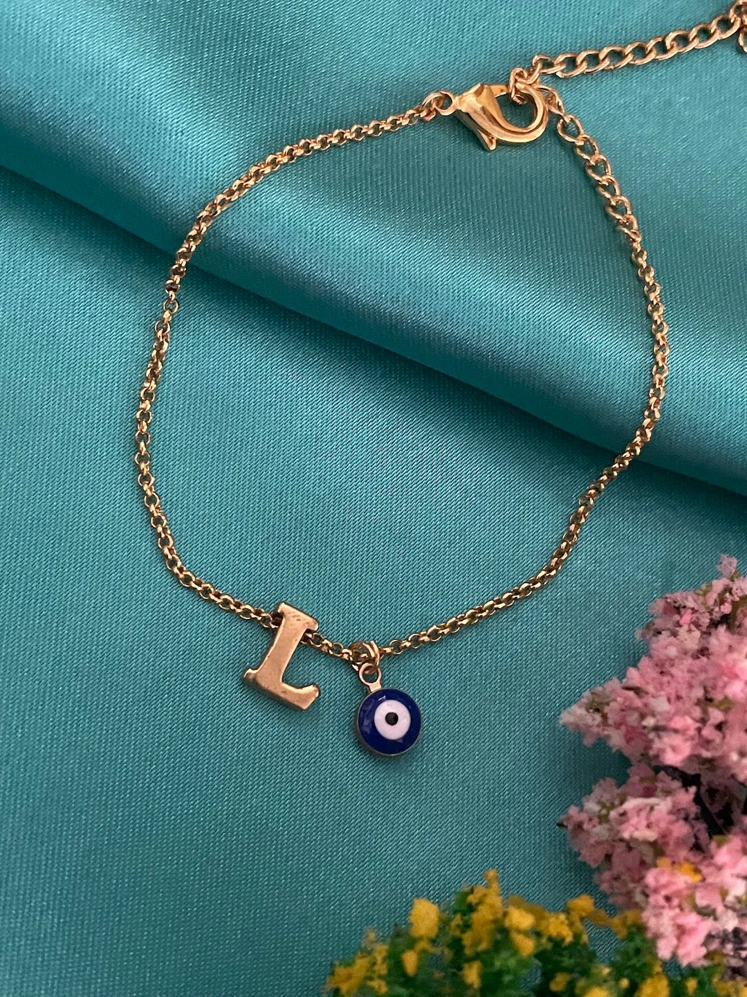 Name Initial Letter Bracelet With Blue Evil Eye Charm