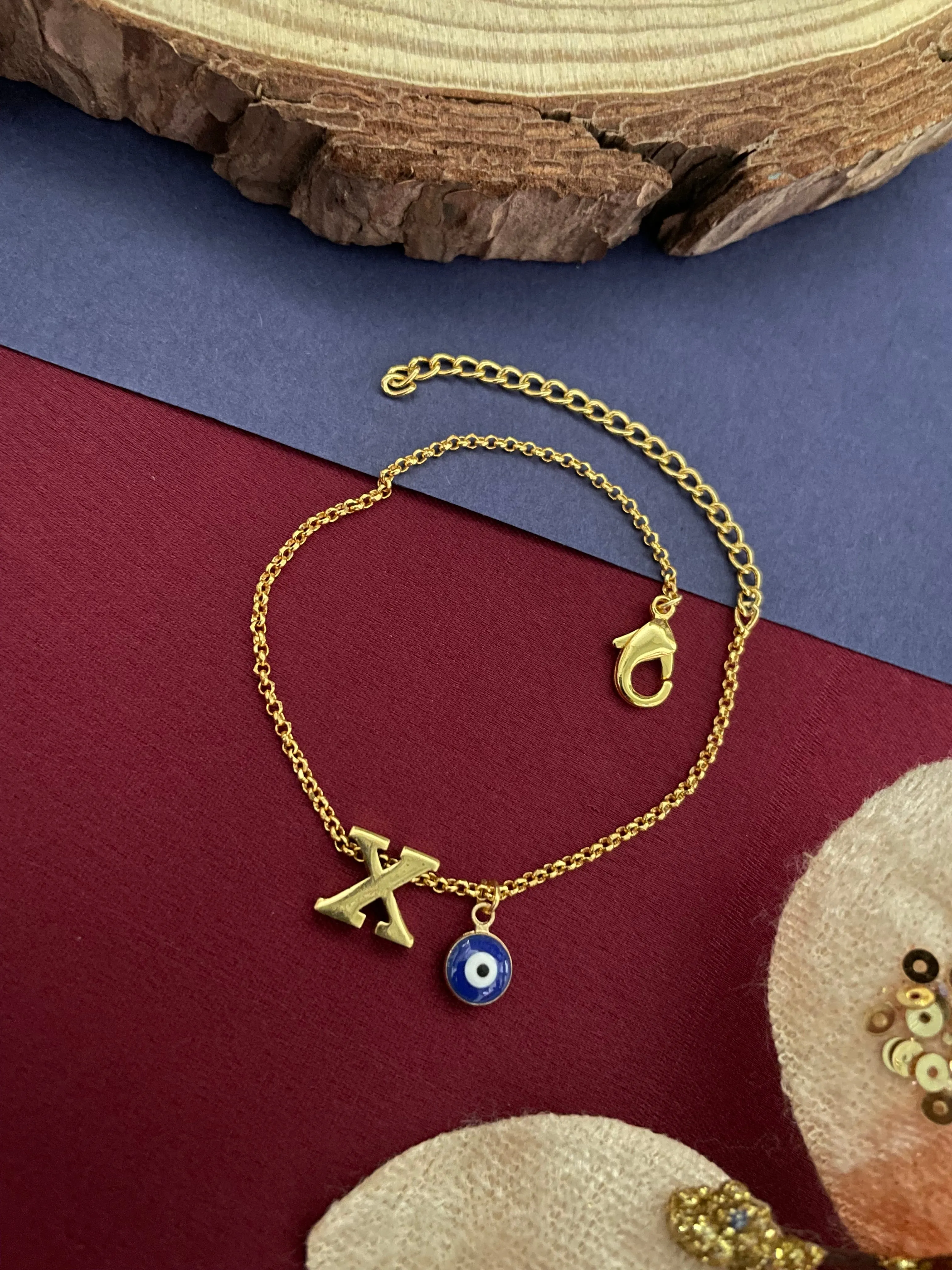 Name Initial Letter Bracelet With Blue Evil Eye Charm