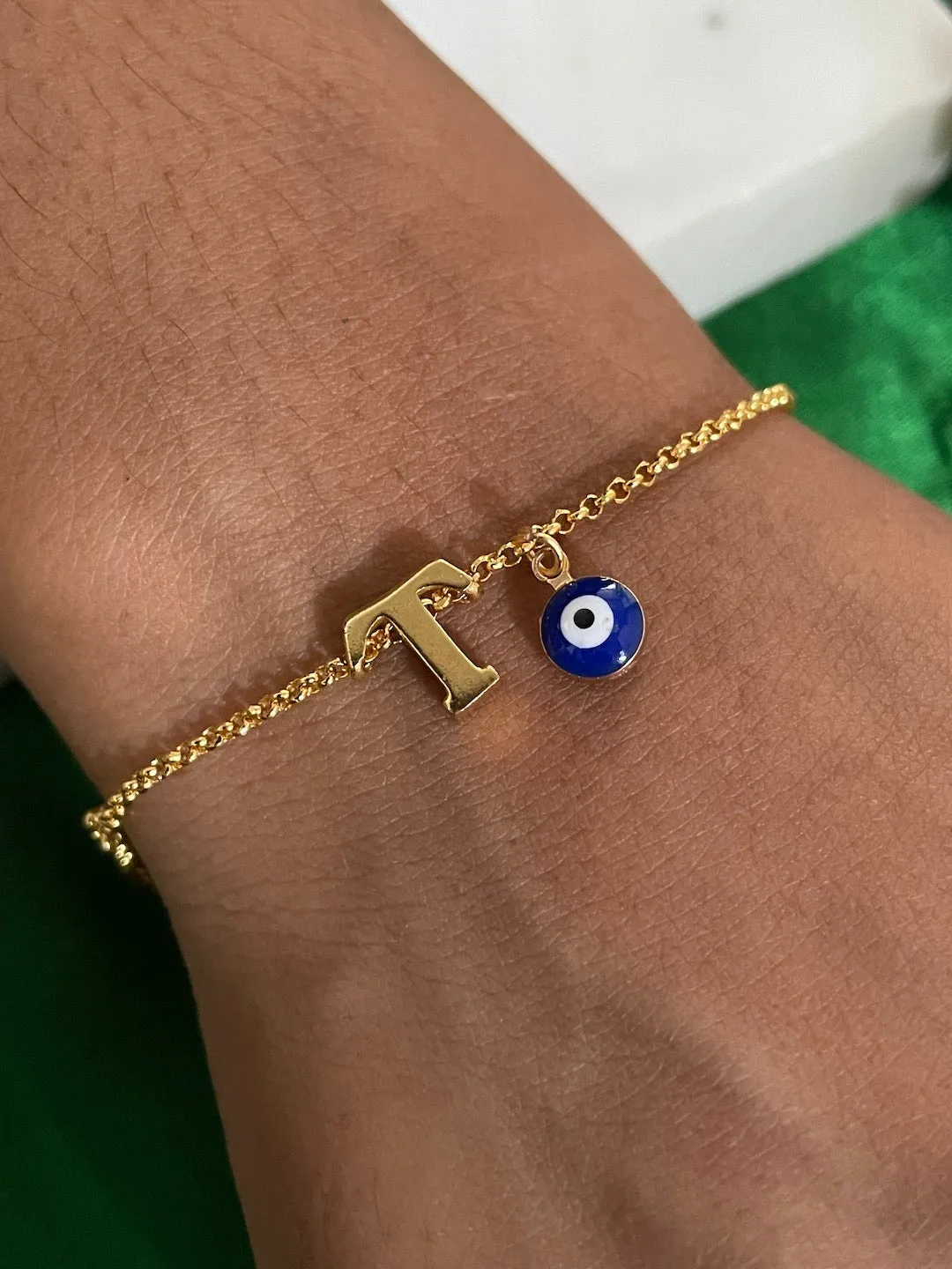 Name Initial Letter Bracelet With Blue Evil Eye Charm