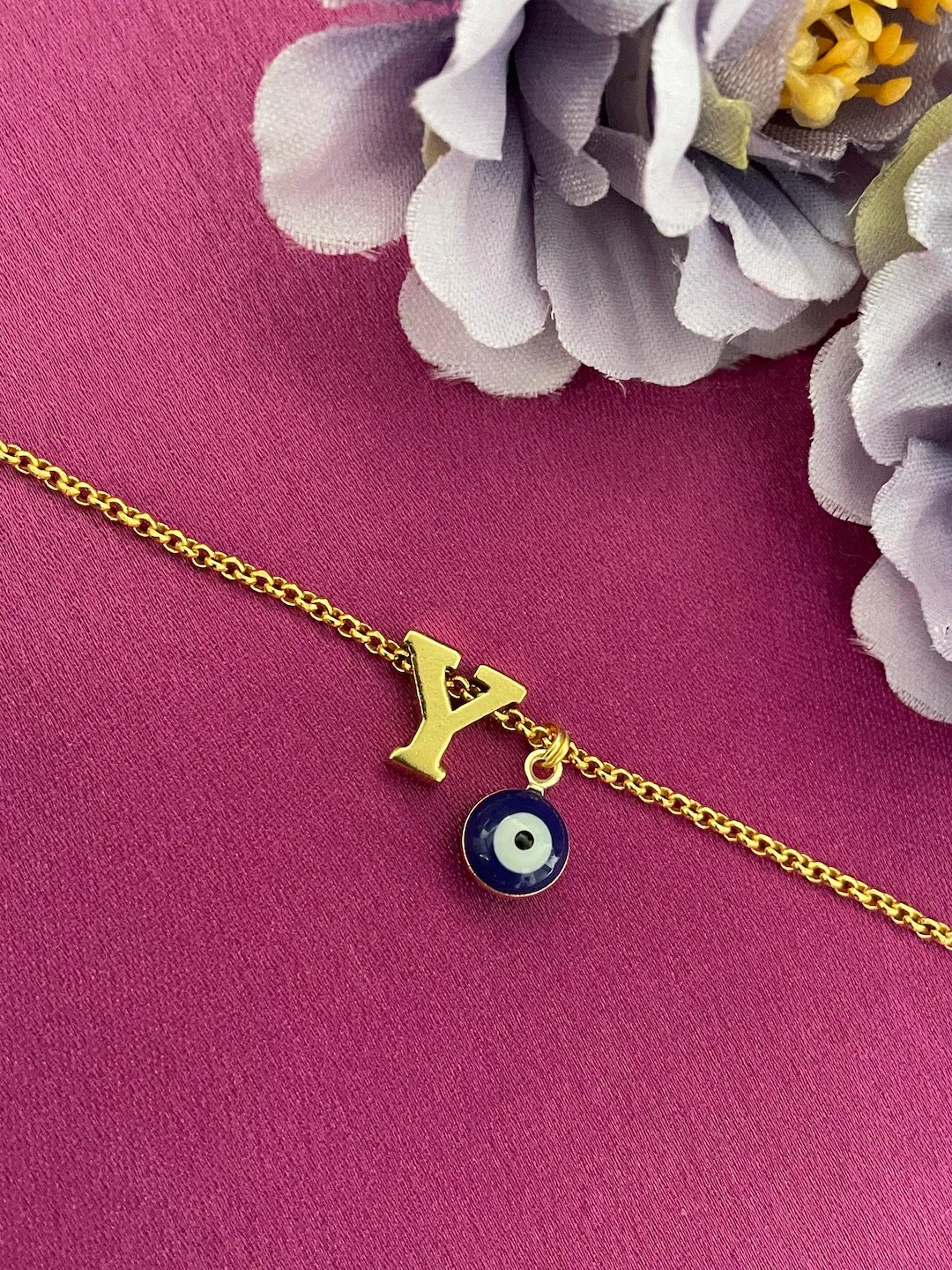 Name Initial Letter Bracelet With Blue Evil Eye Charm