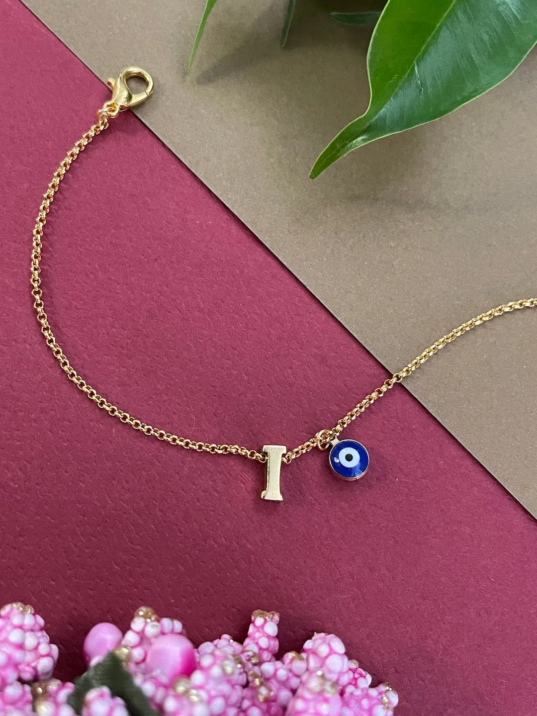 Name Initial Letter Bracelet With Blue Evil Eye Charm