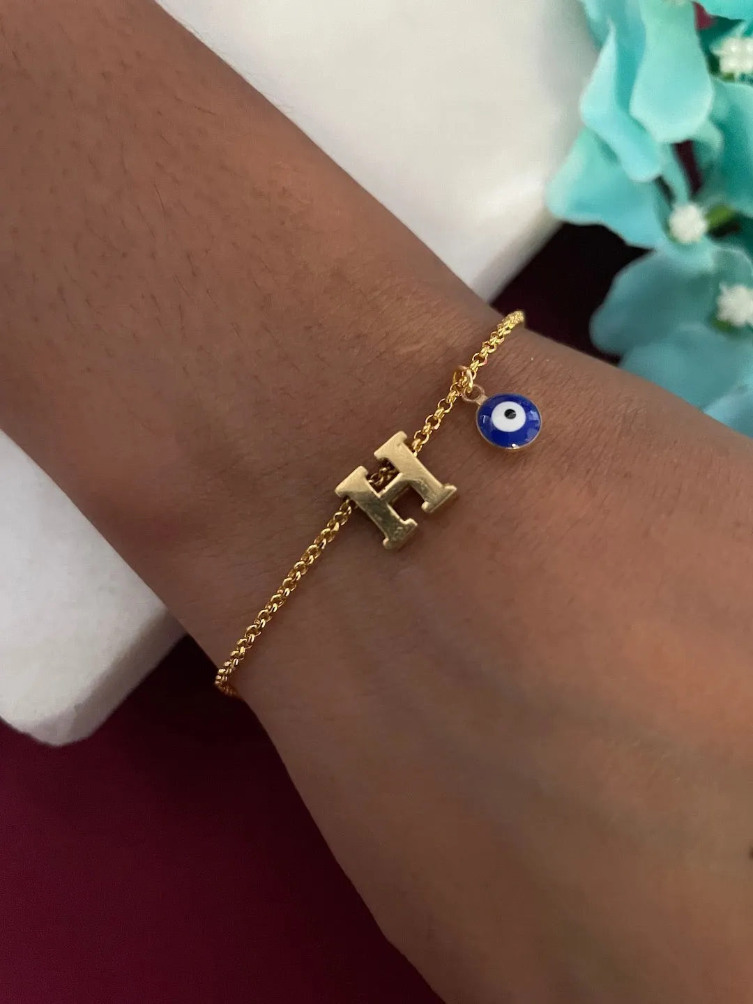 Name Initial Letter Bracelet With Blue Evil Eye Charm