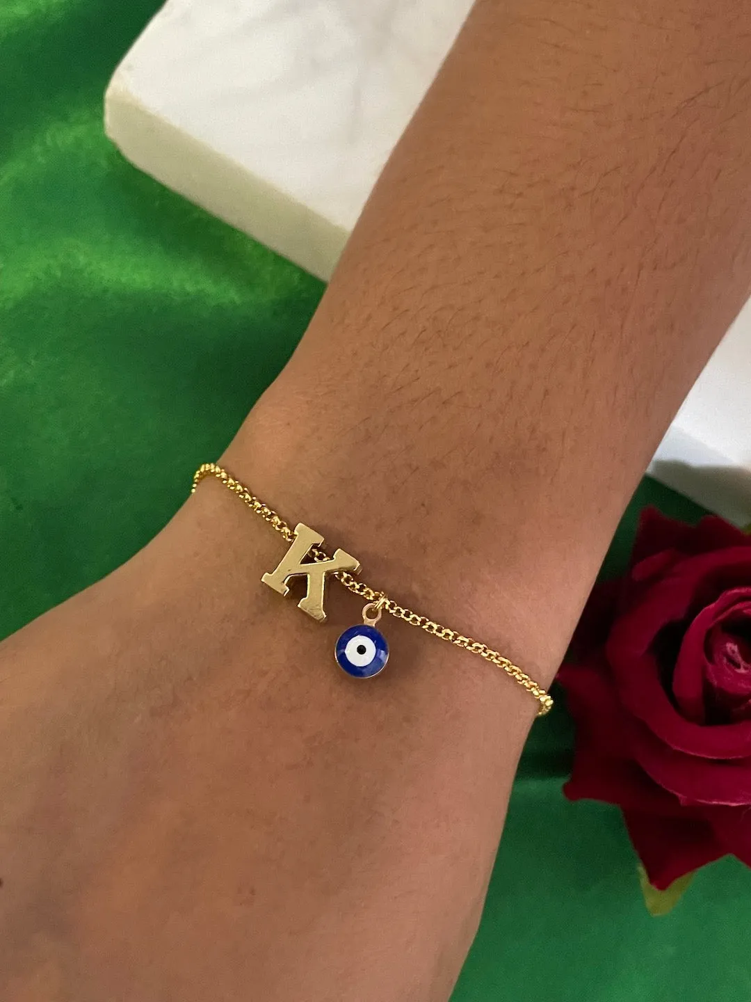 Name Initial Letter Bracelet With Blue Evil Eye Charm