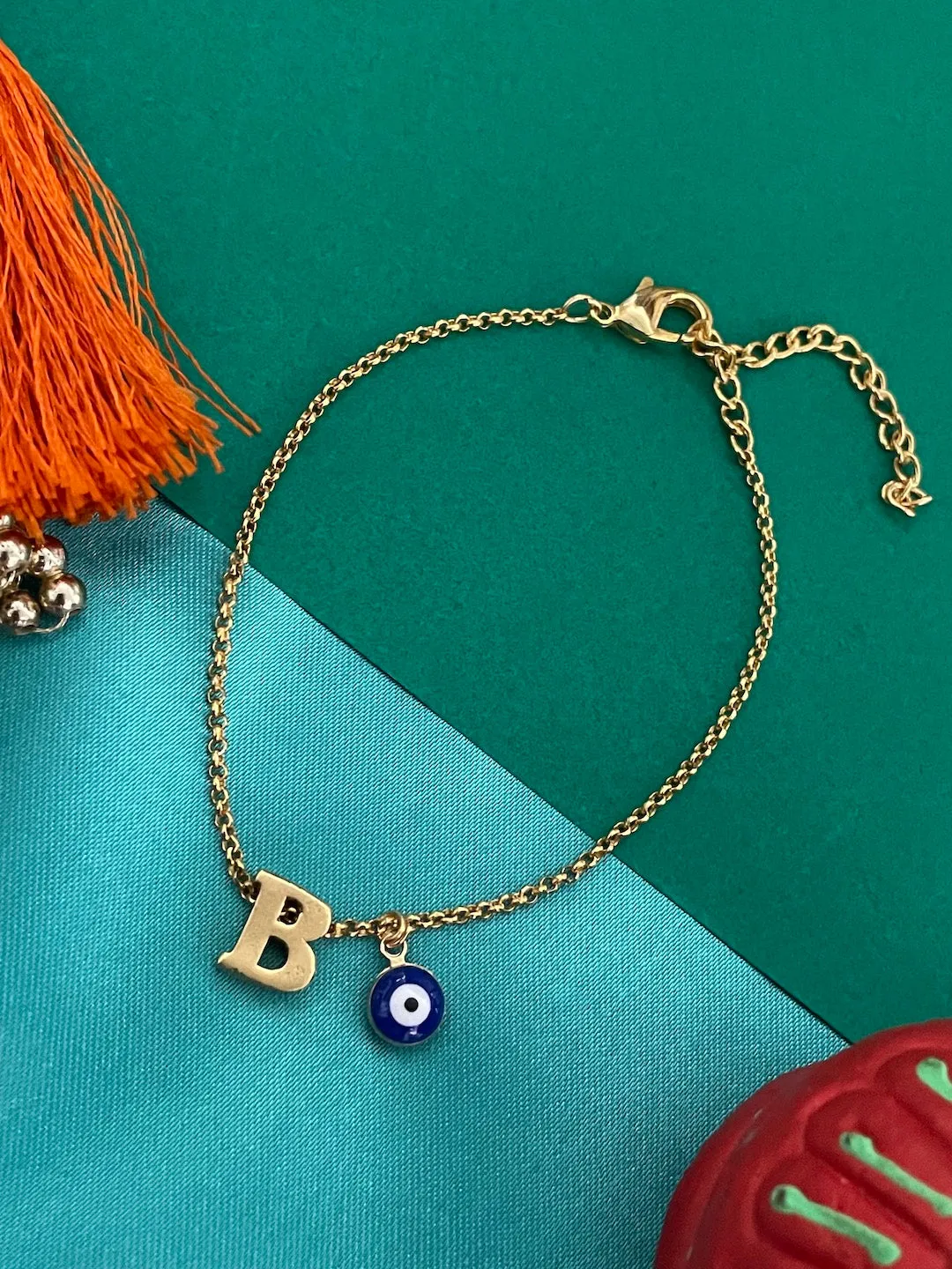 Name Initial Letter Bracelet With Blue Evil Eye Charm