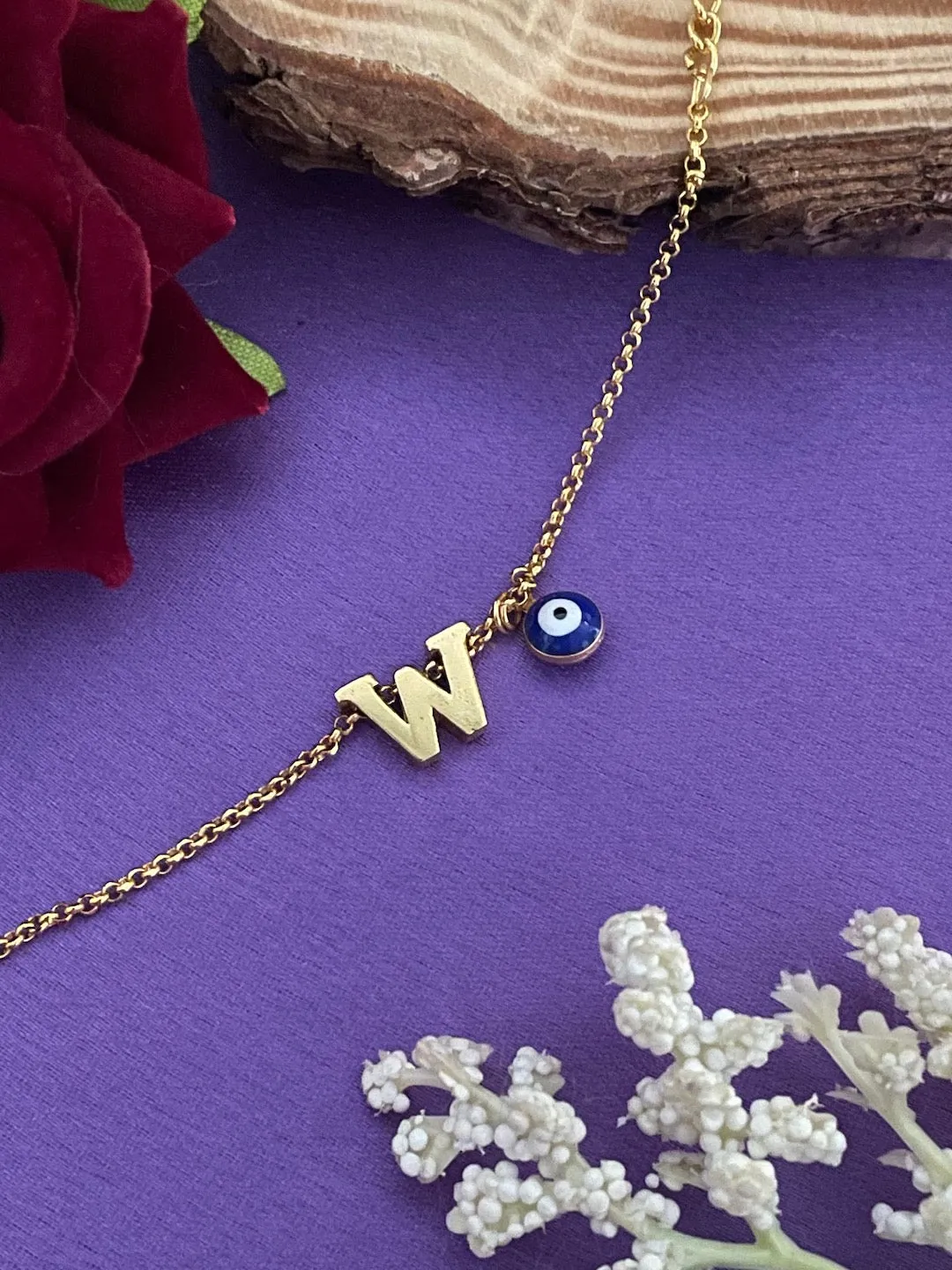 Name Initial Letter Bracelet With Blue Evil Eye Charm