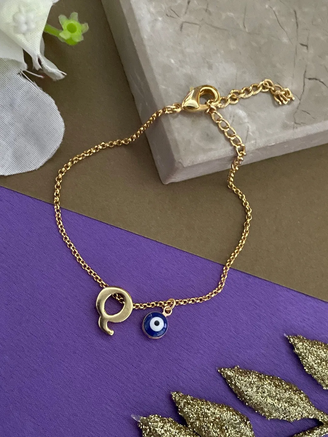 Name Initial Letter Bracelet With Blue Evil Eye Charm
