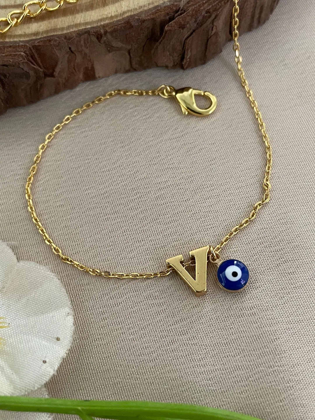 Name Initial Letter Bracelet With Blue Evil Eye Charm
