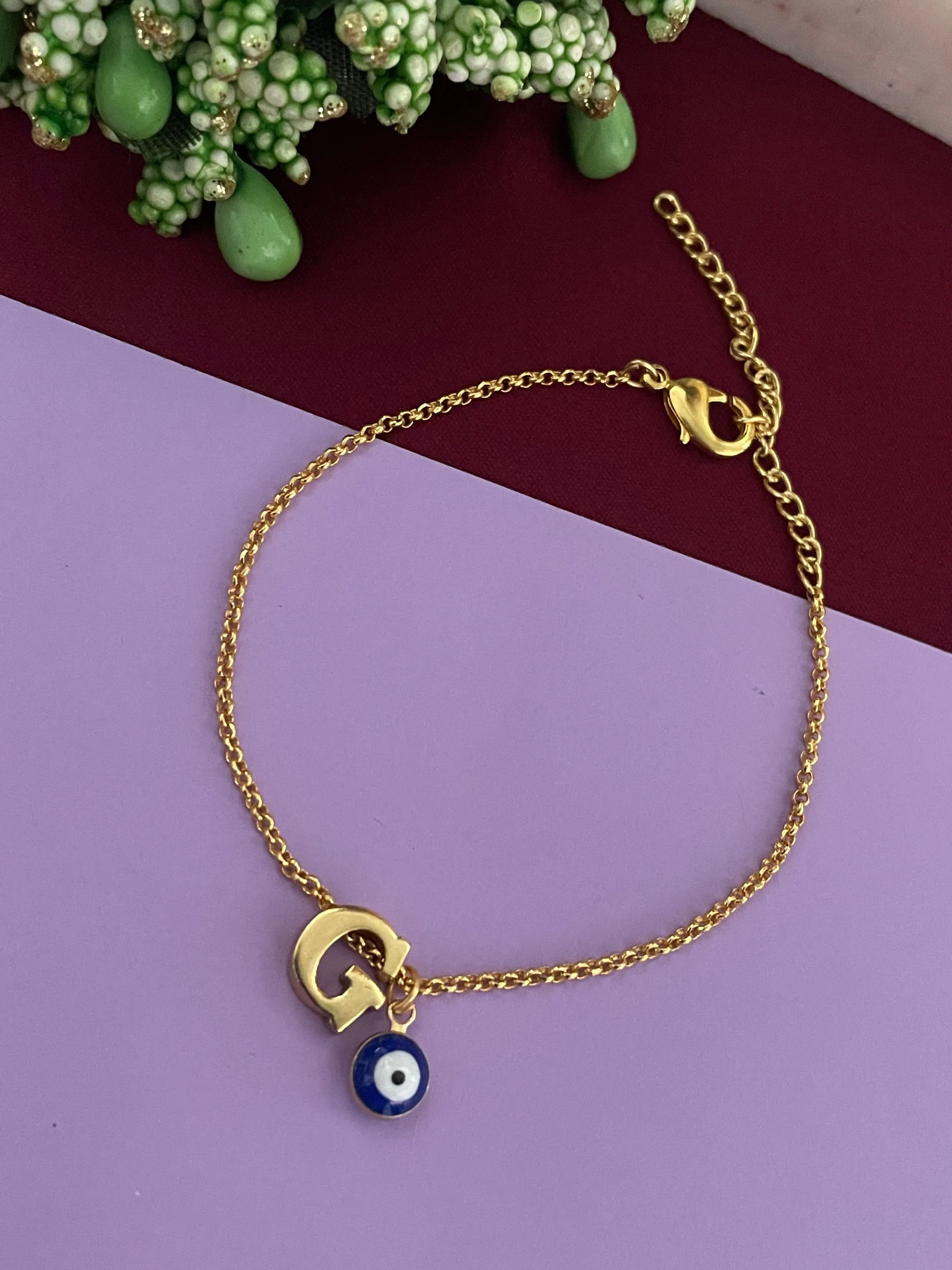 Name Initial Letter Bracelet With Blue Evil Eye Charm