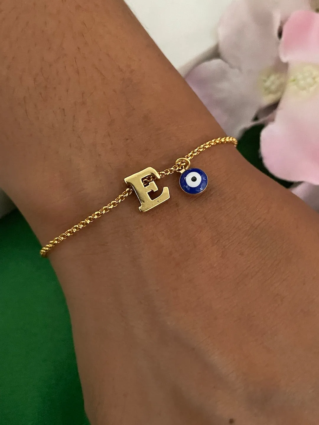 Name Initial Letter Bracelet With Blue Evil Eye Charm
