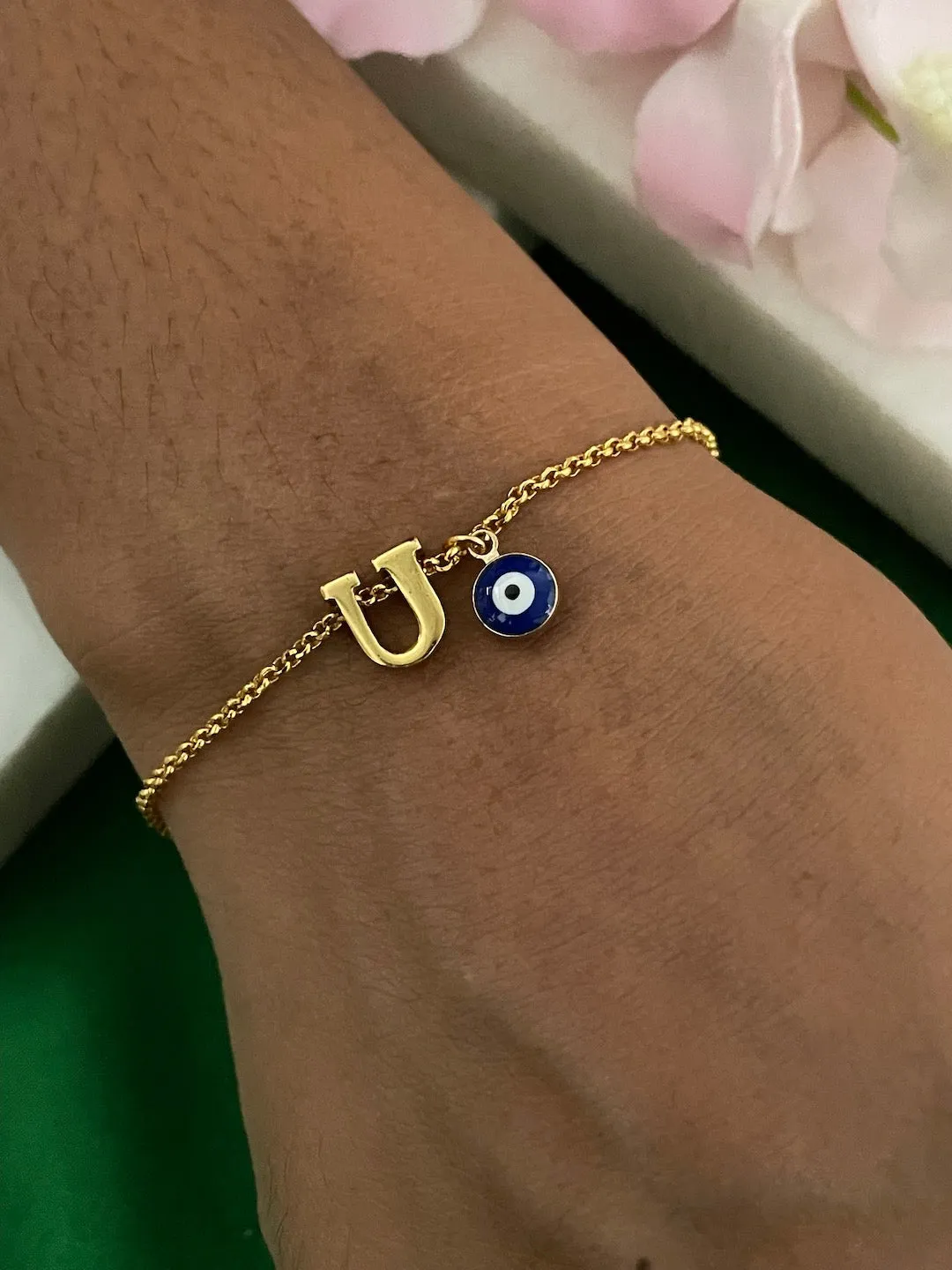 Name Initial Letter Bracelet With Blue Evil Eye Charm