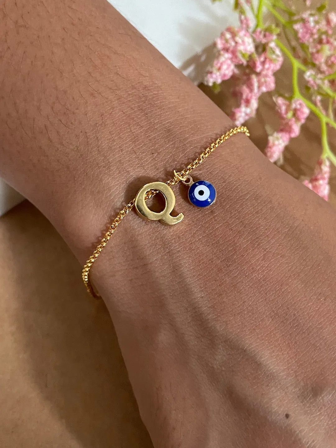 Name Initial Letter Bracelet With Blue Evil Eye Charm