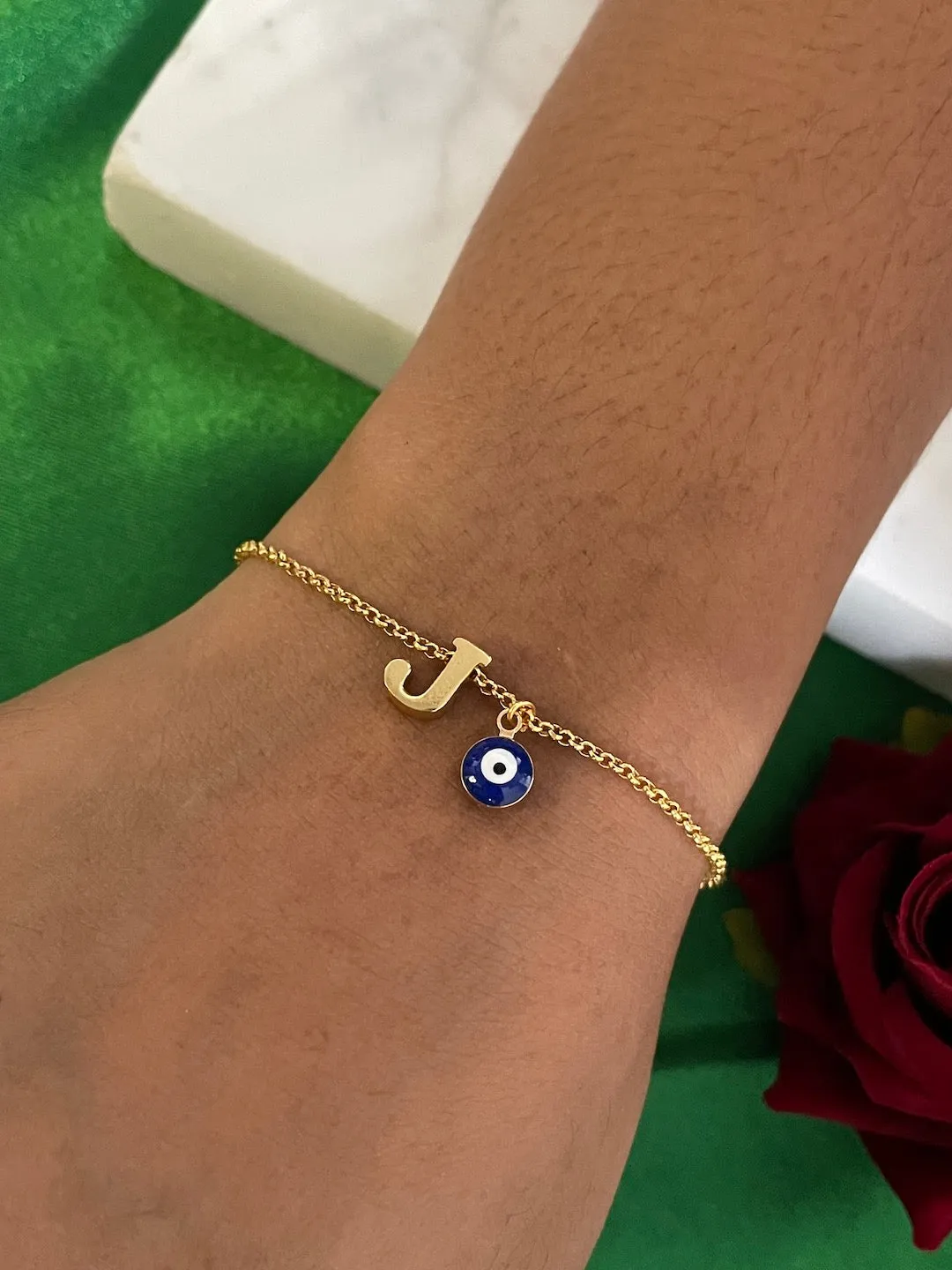 Name Initial Letter Bracelet With Blue Evil Eye Charm