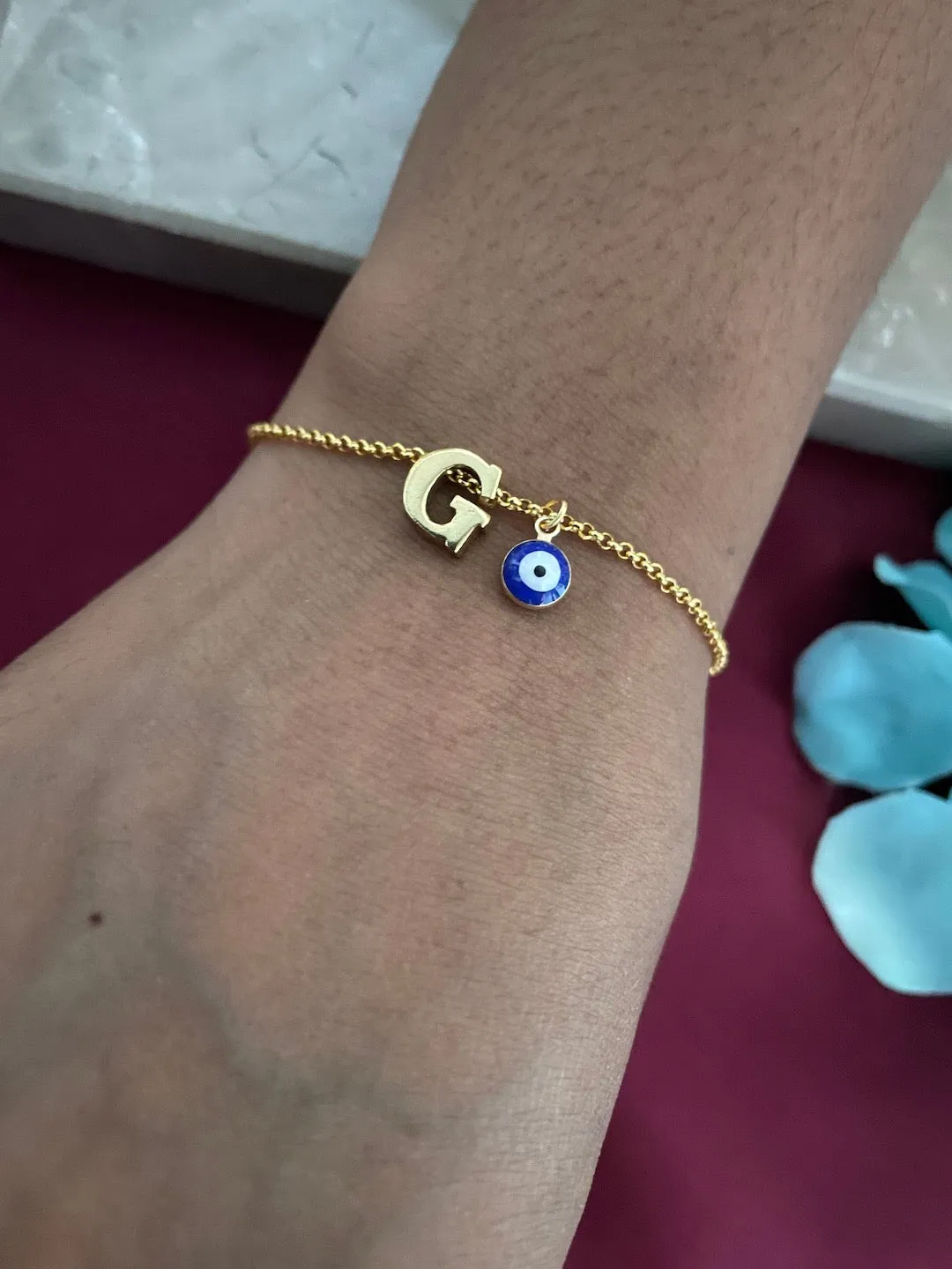 Name Initial Letter Bracelet With Blue Evil Eye Charm