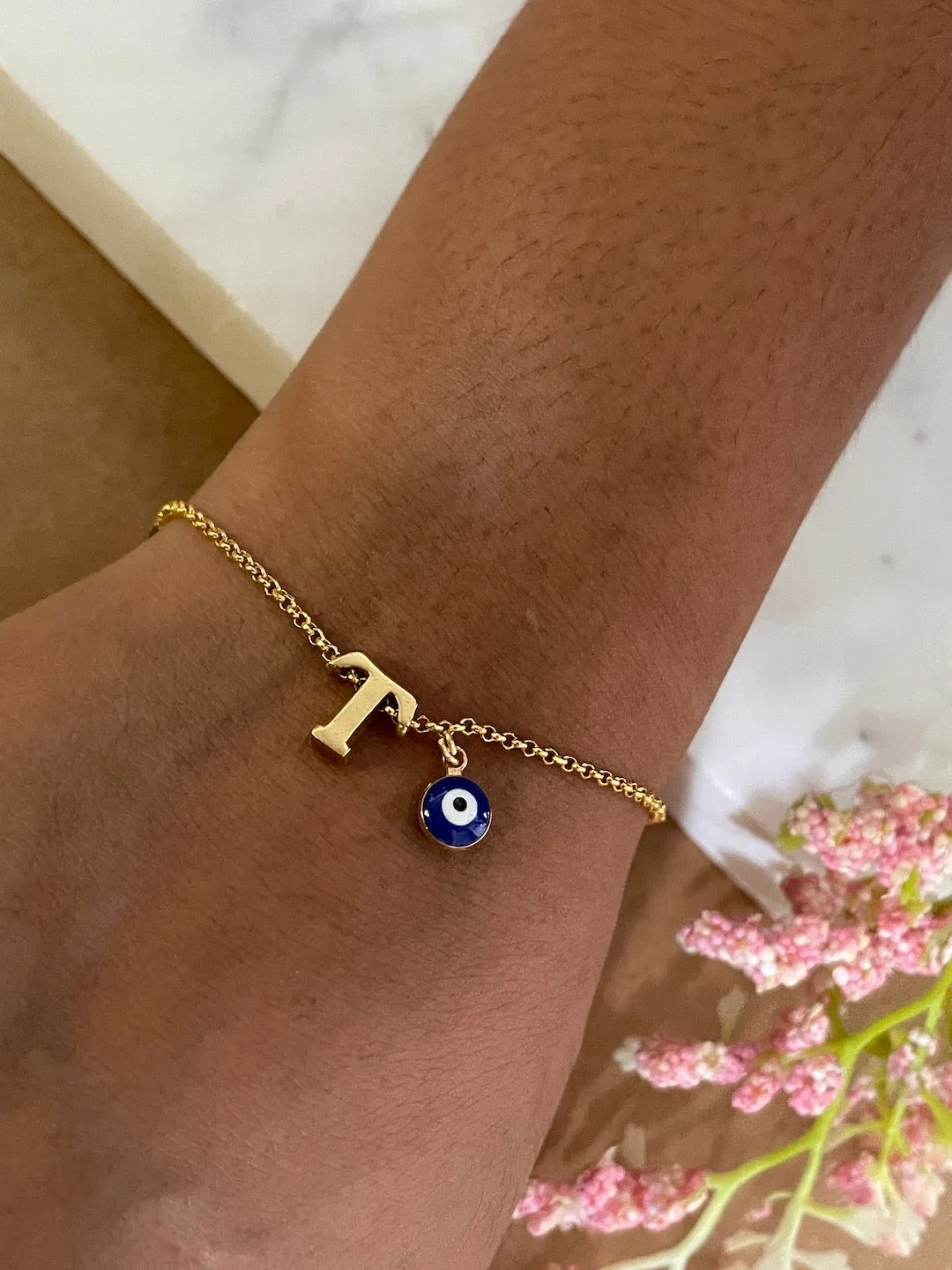 Name Initial Letter Bracelet With Blue Evil Eye Charm