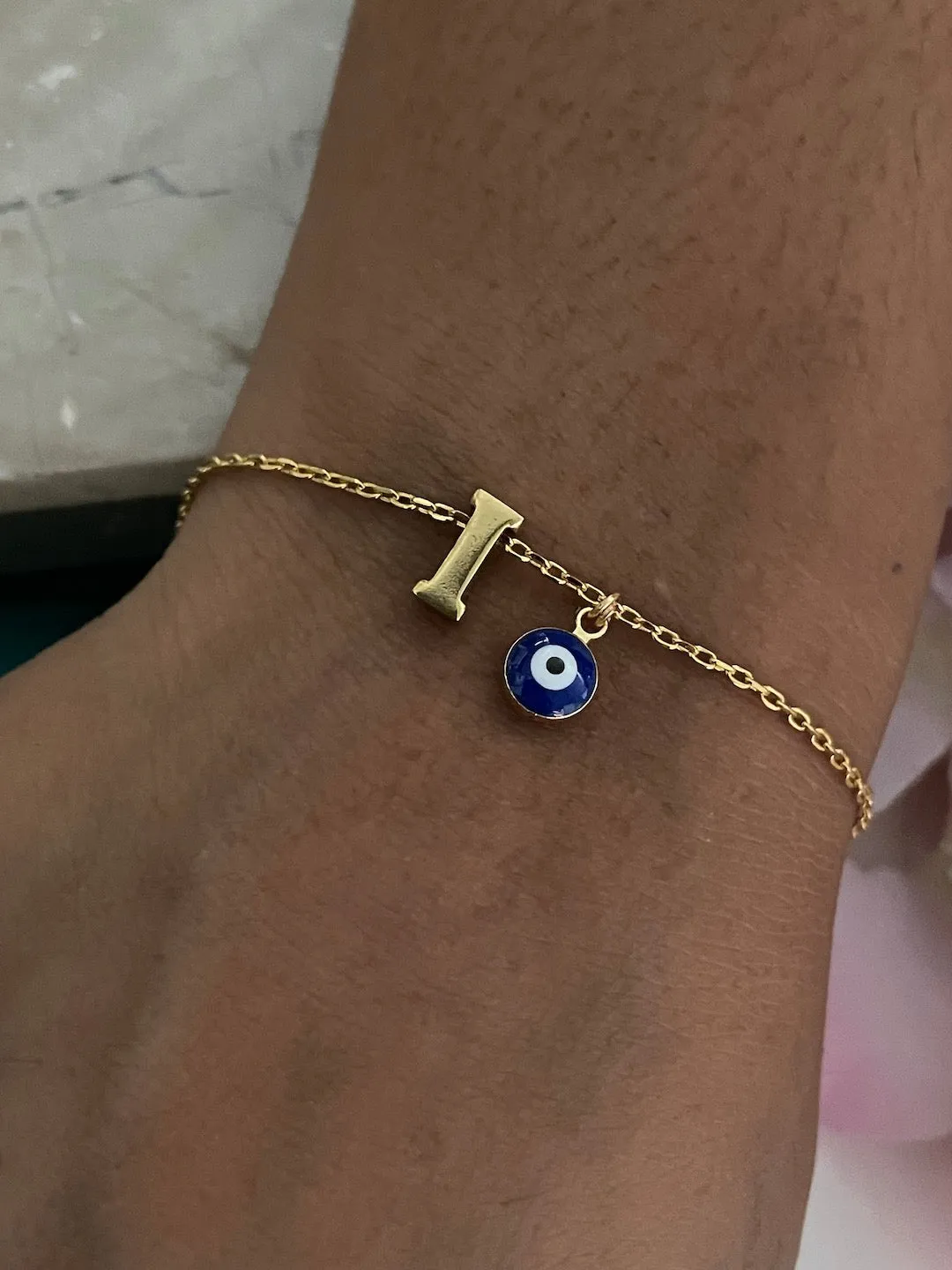 Name Initial Letter Bracelet With Blue Evil Eye Charm