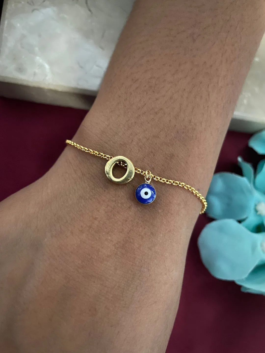 Name Initial Letter Bracelet With Blue Evil Eye Charm