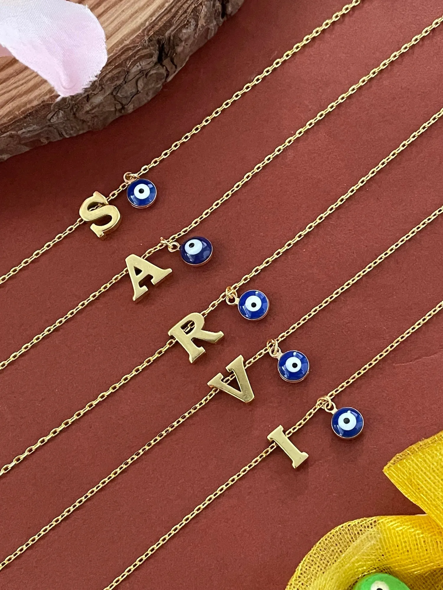 Name Initial Letter Bracelet With Blue Evil Eye Charm