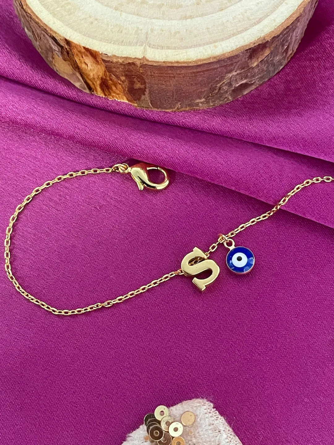 Name Initial Letter Bracelet With Blue Evil Eye Charm