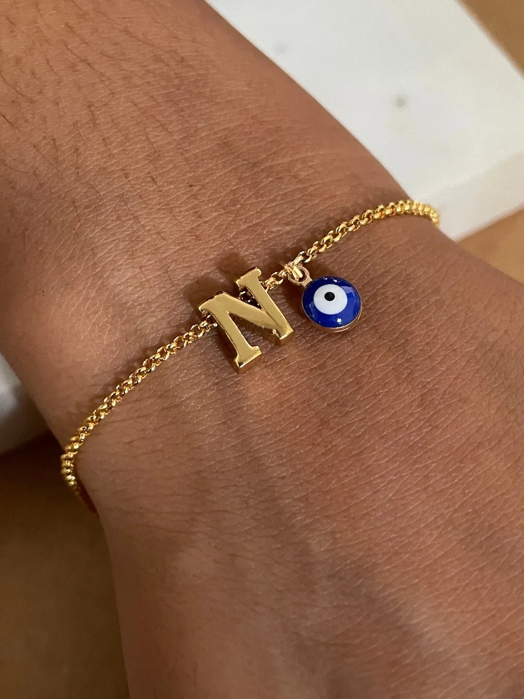 Name Initial Letter Bracelet With Blue Evil Eye Charm