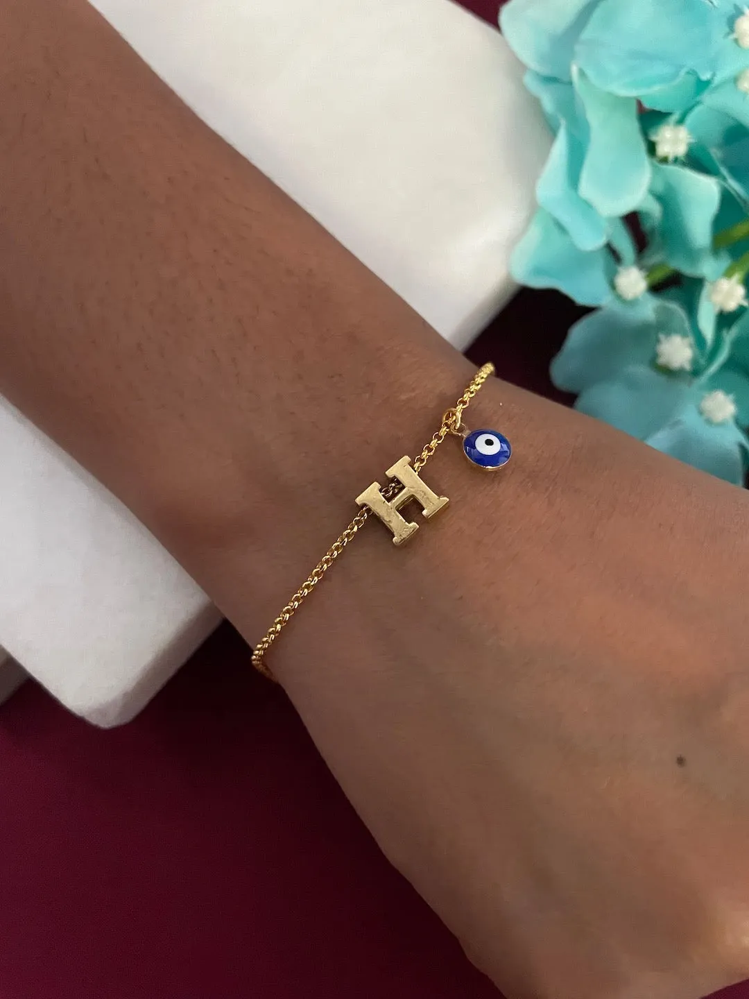Name Initial Letter Bracelet With Blue Evil Eye Charm