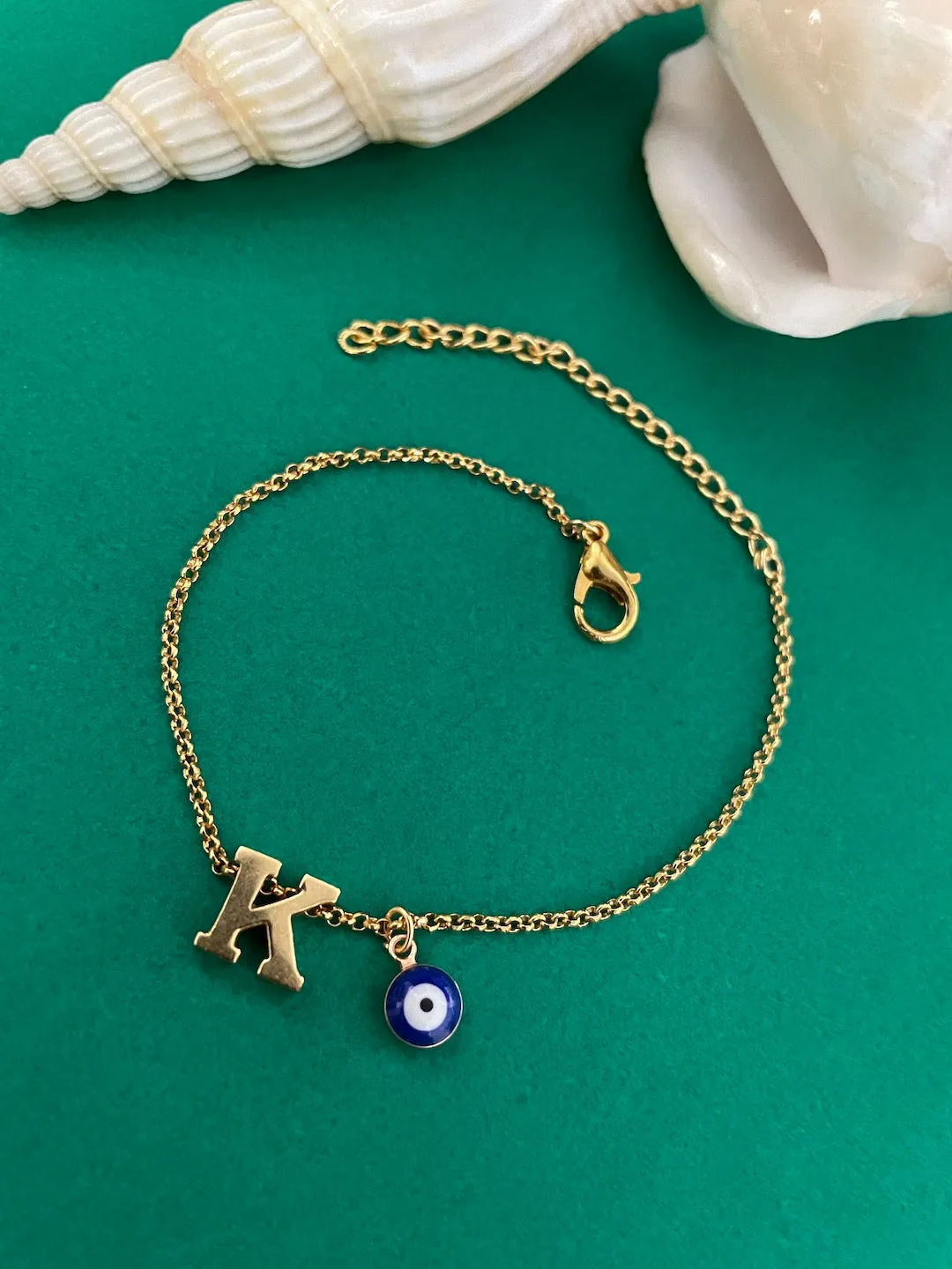 Name Initial Letter Bracelet With Blue Evil Eye Charm
