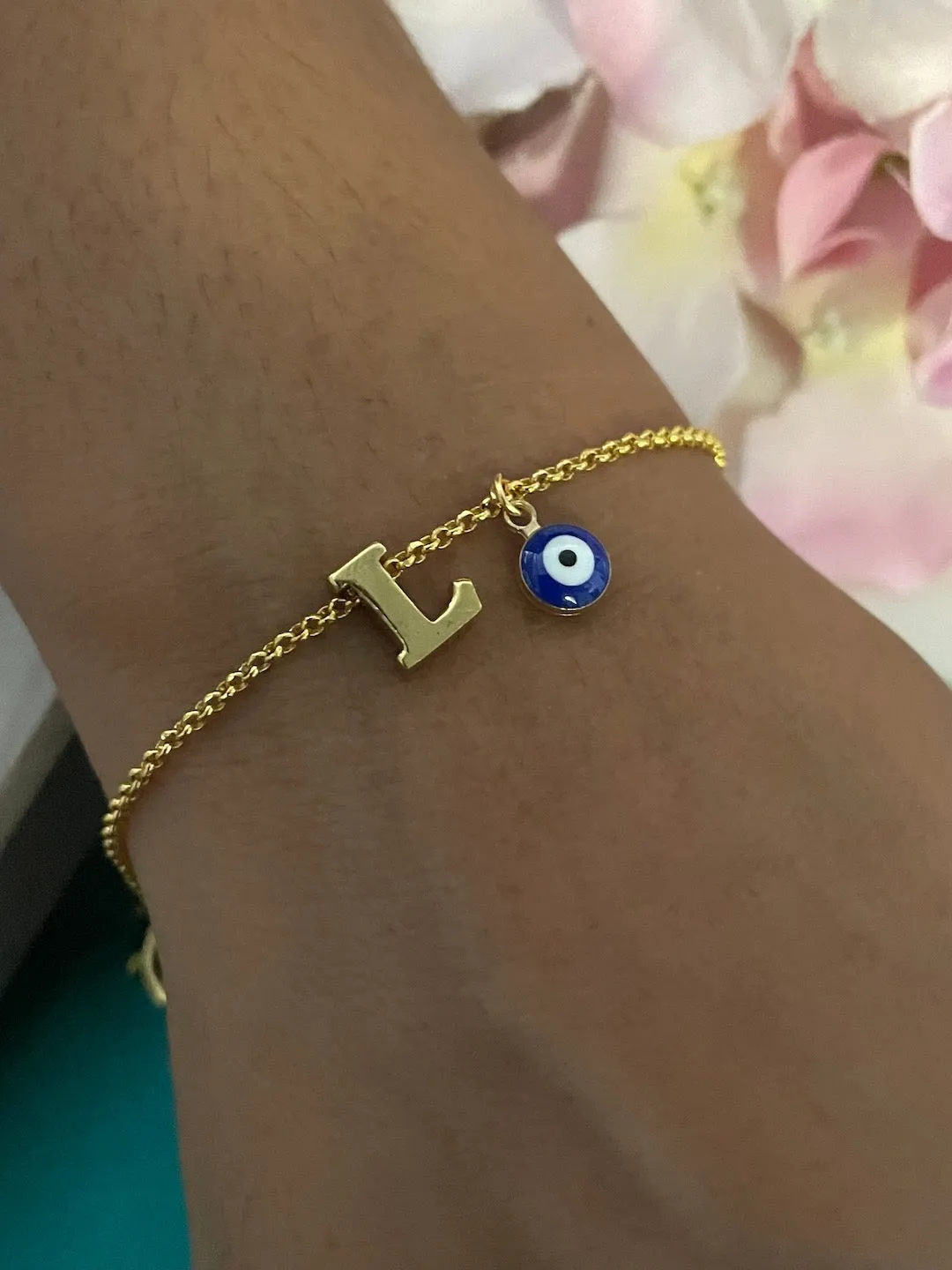 Name Initial Letter Bracelet With Blue Evil Eye Charm