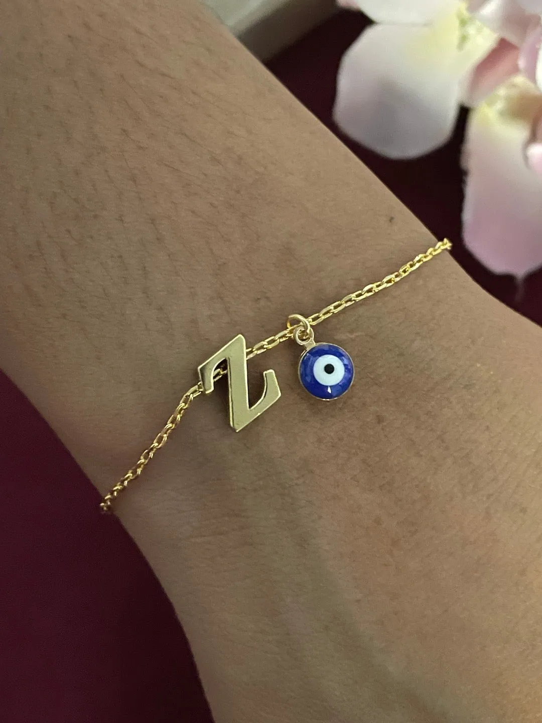 Name Initial Letter Bracelet With Blue Evil Eye Charm