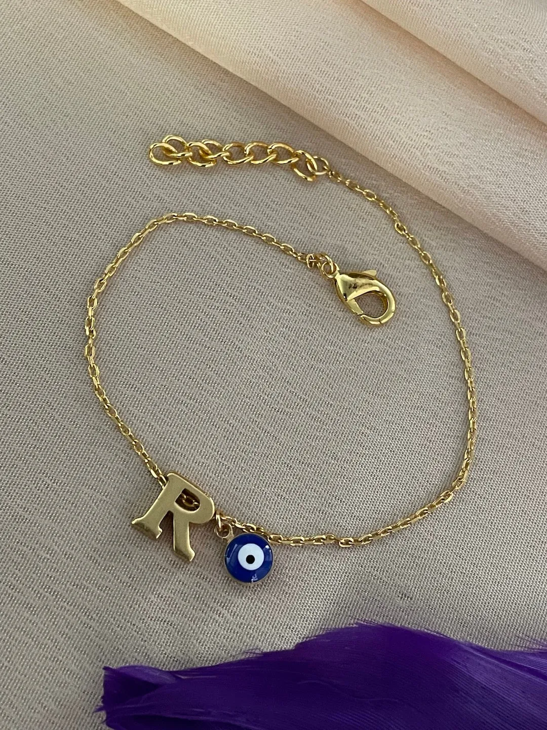 Name Initial Letter Bracelet With Blue Evil Eye Charm