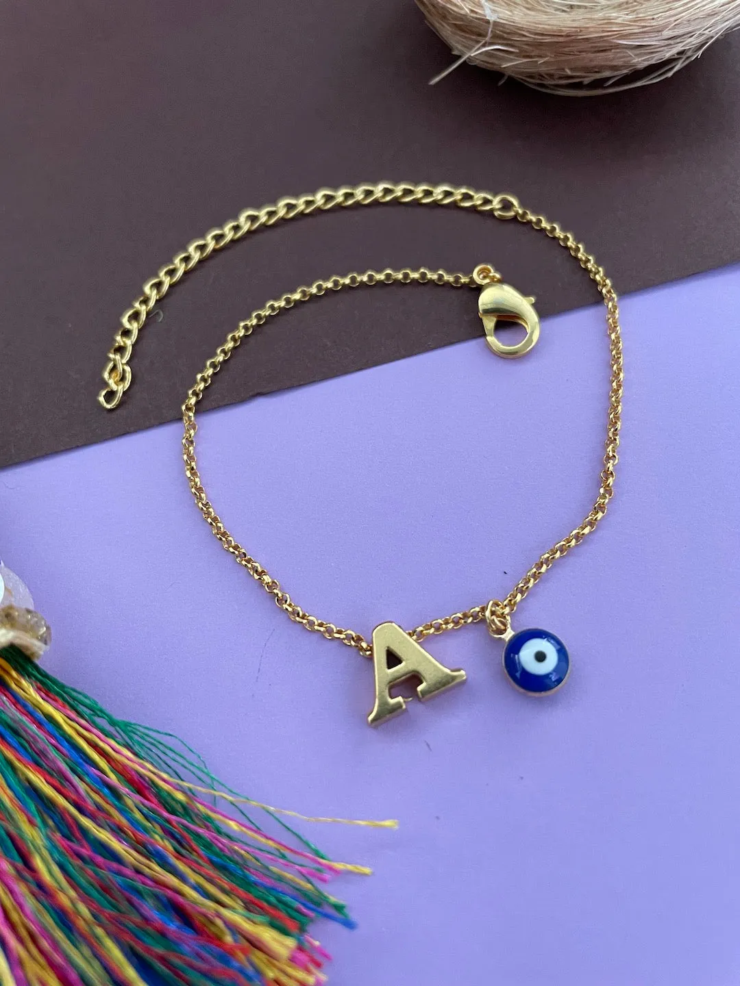 Name Initial Letter Bracelet With Blue Evil Eye Charm