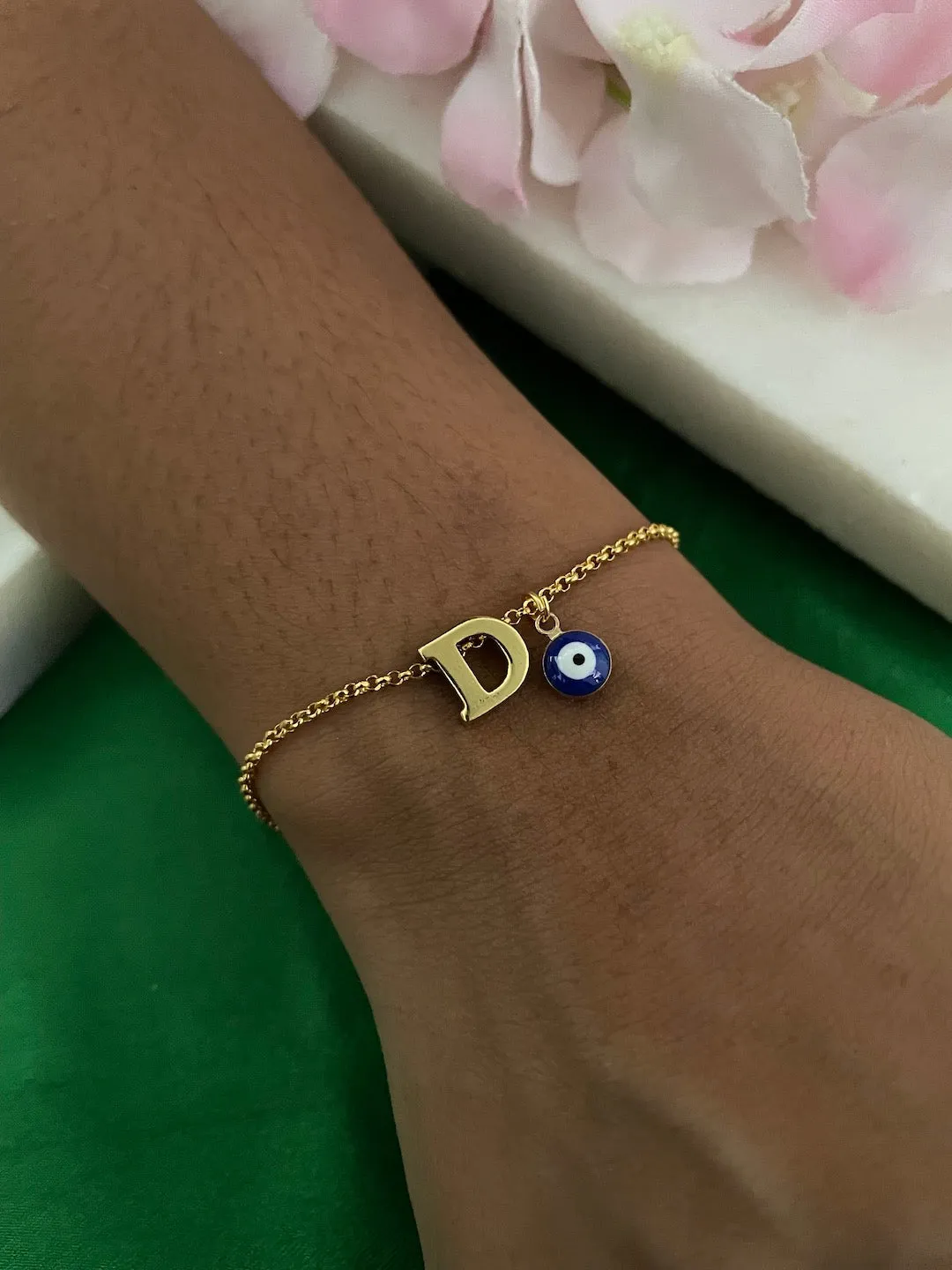 Name Initial Letter Bracelet With Blue Evil Eye Charm