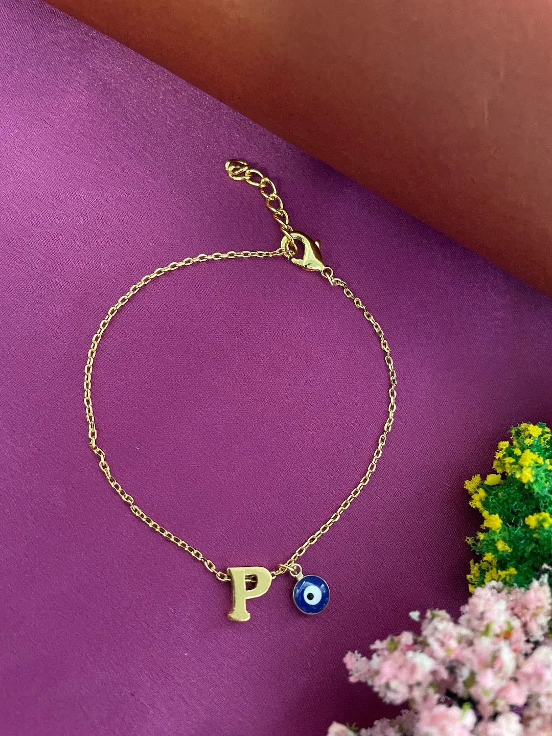 Name Initial Letter Bracelet With Blue Evil Eye Charm