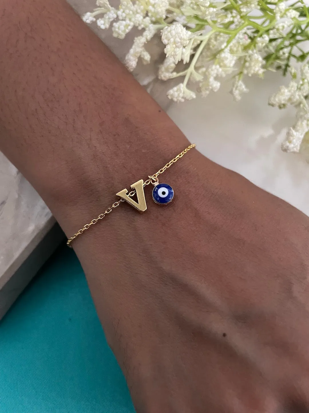 Name Initial Letter Bracelet With Blue Evil Eye Charm