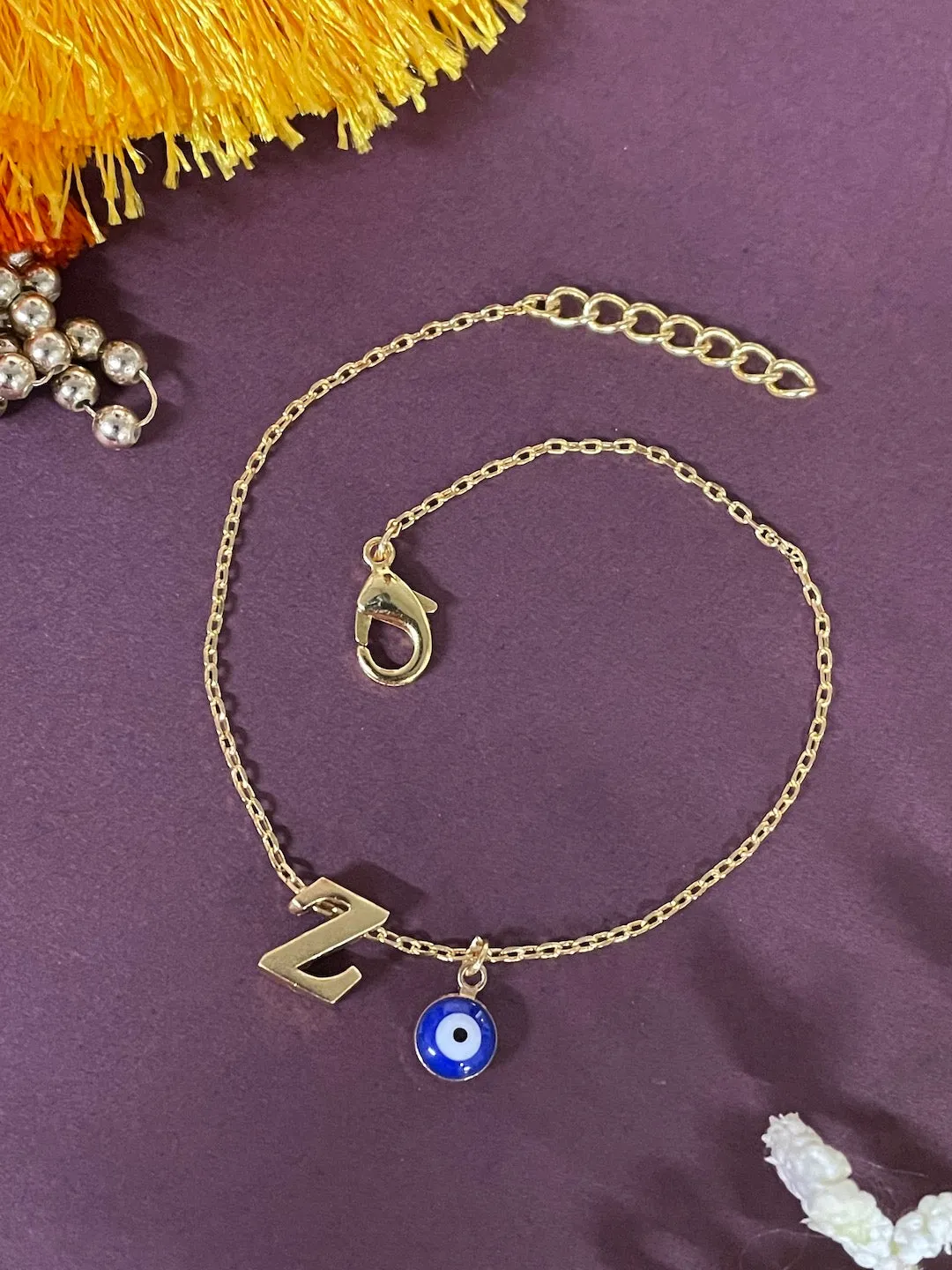 Name Initial Letter Bracelet With Blue Evil Eye Charm