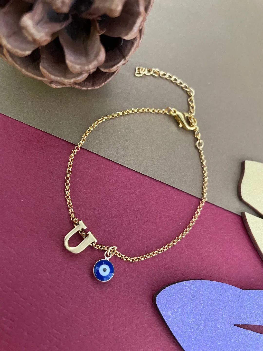 Name Initial Letter Bracelet With Blue Evil Eye Charm