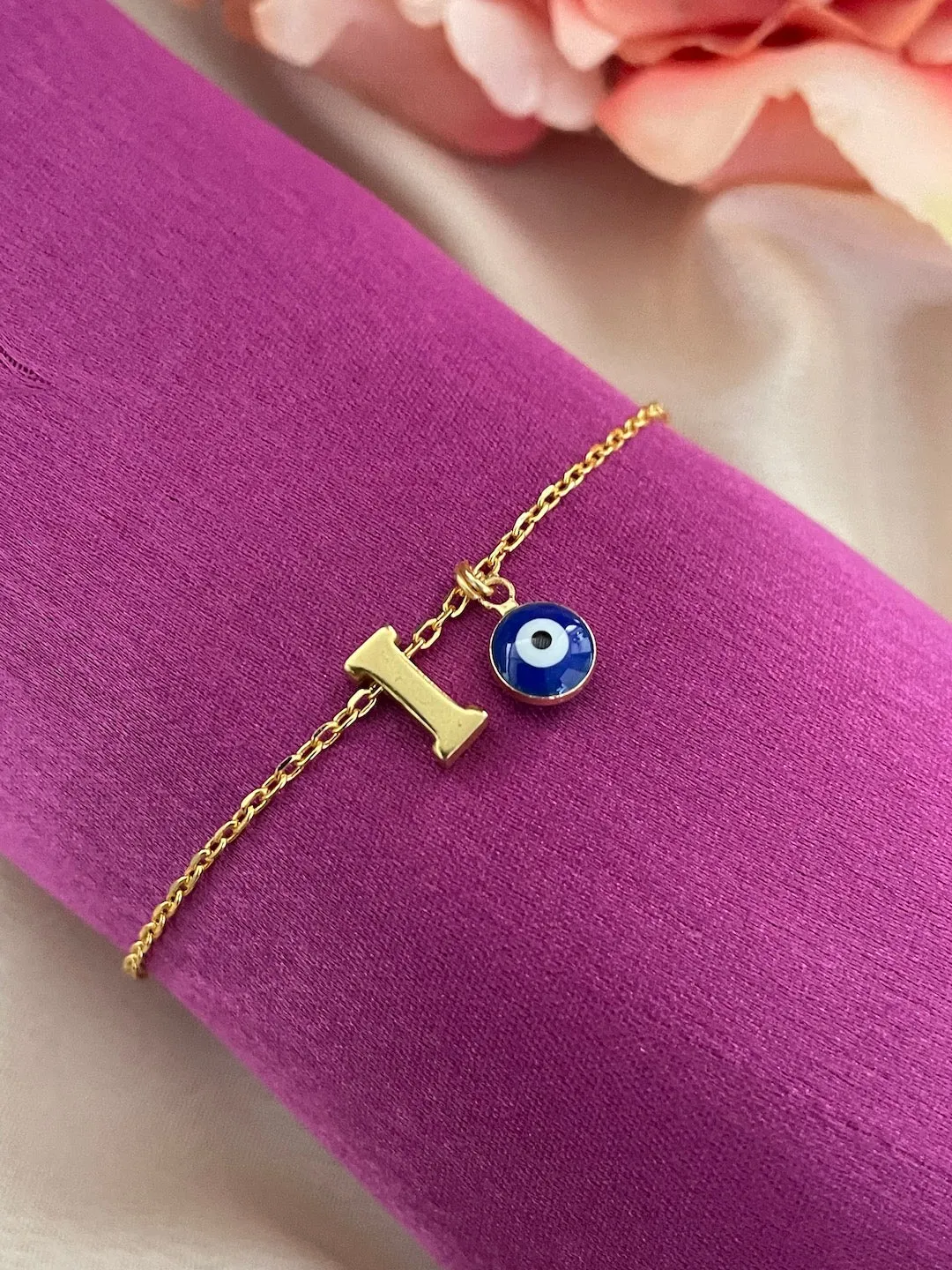 Name Initial Letter Bracelet With Blue Evil Eye Charm