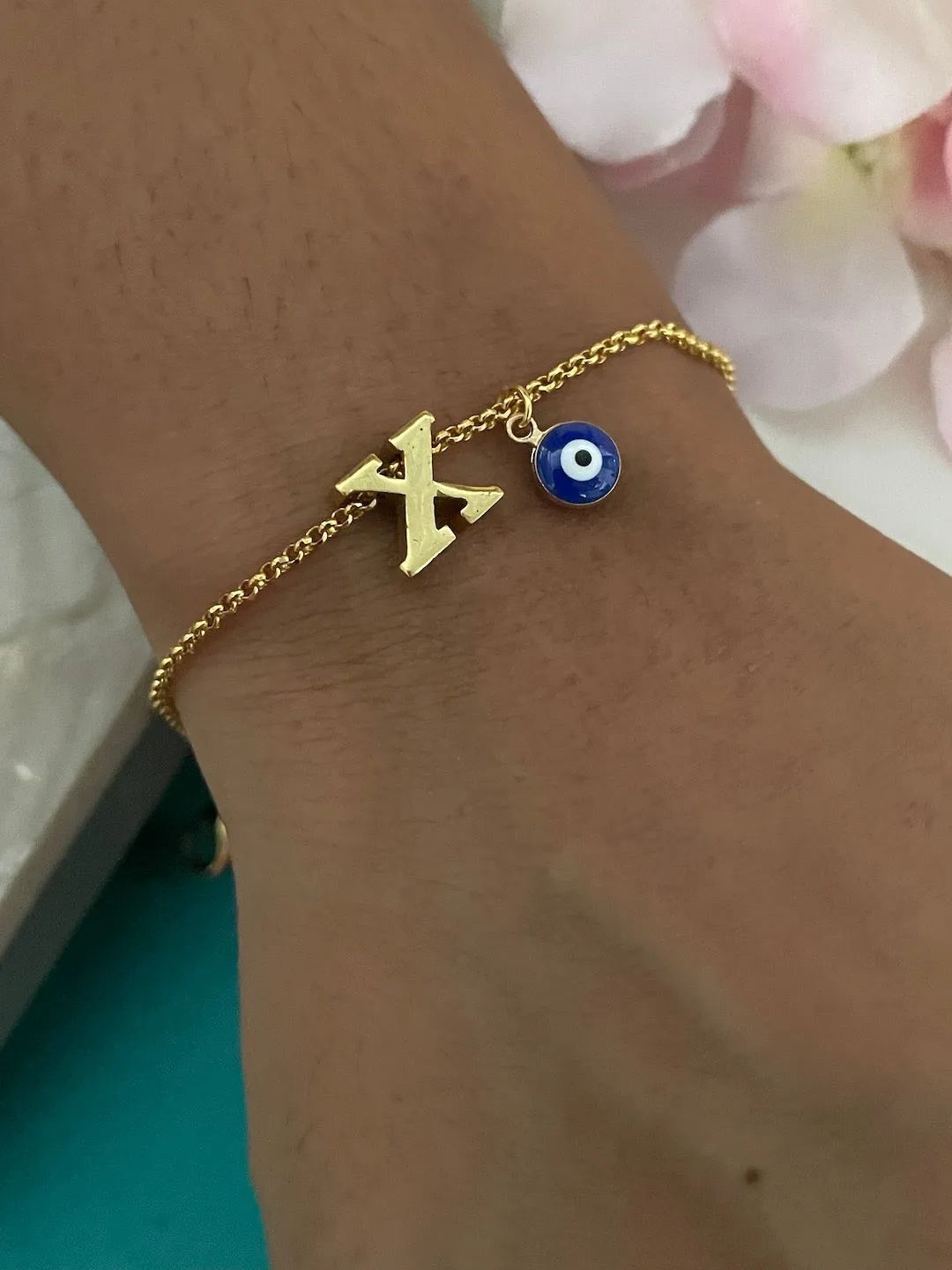 Name Initial Letter Bracelet With Blue Evil Eye Charm