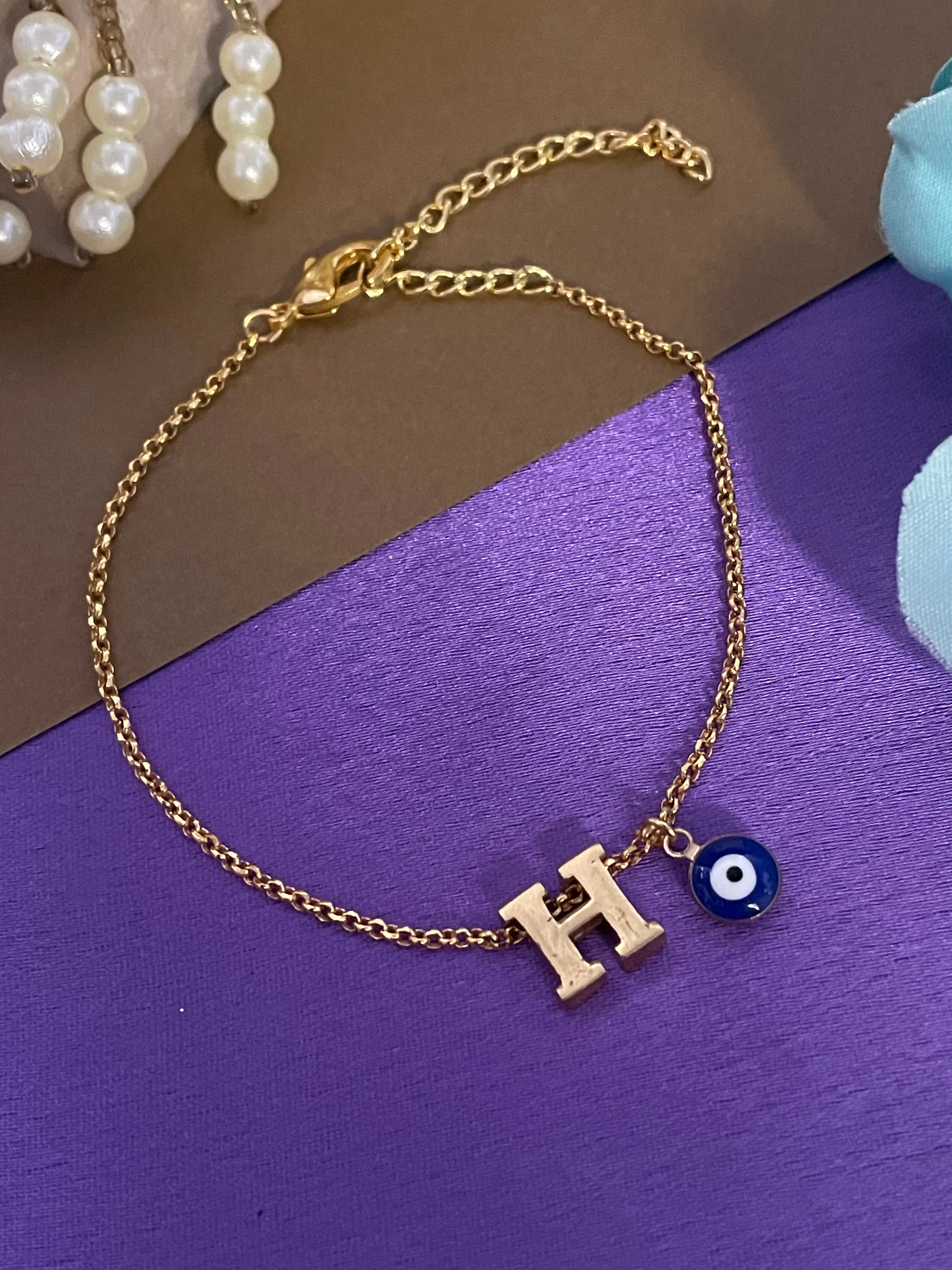 Name Initial Letter Bracelet With Blue Evil Eye Charm