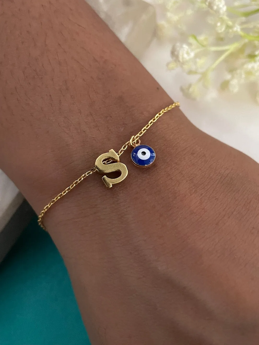 Name Initial Letter Bracelet With Blue Evil Eye Charm
