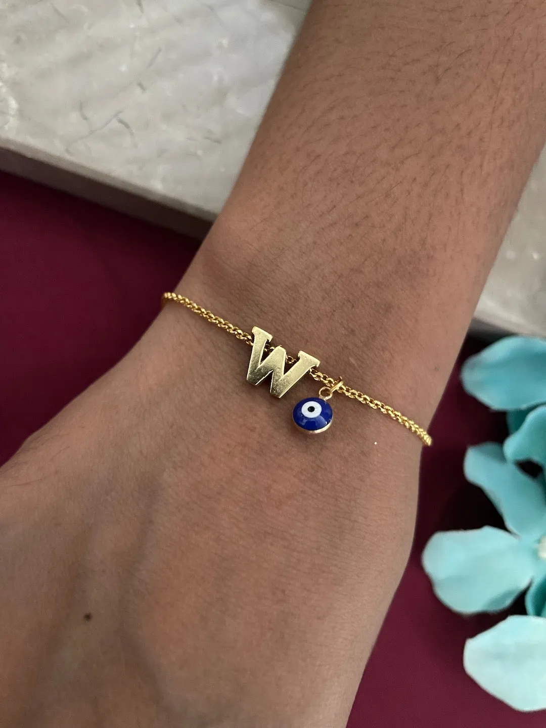 Name Initial Letter Bracelet With Blue Evil Eye Charm