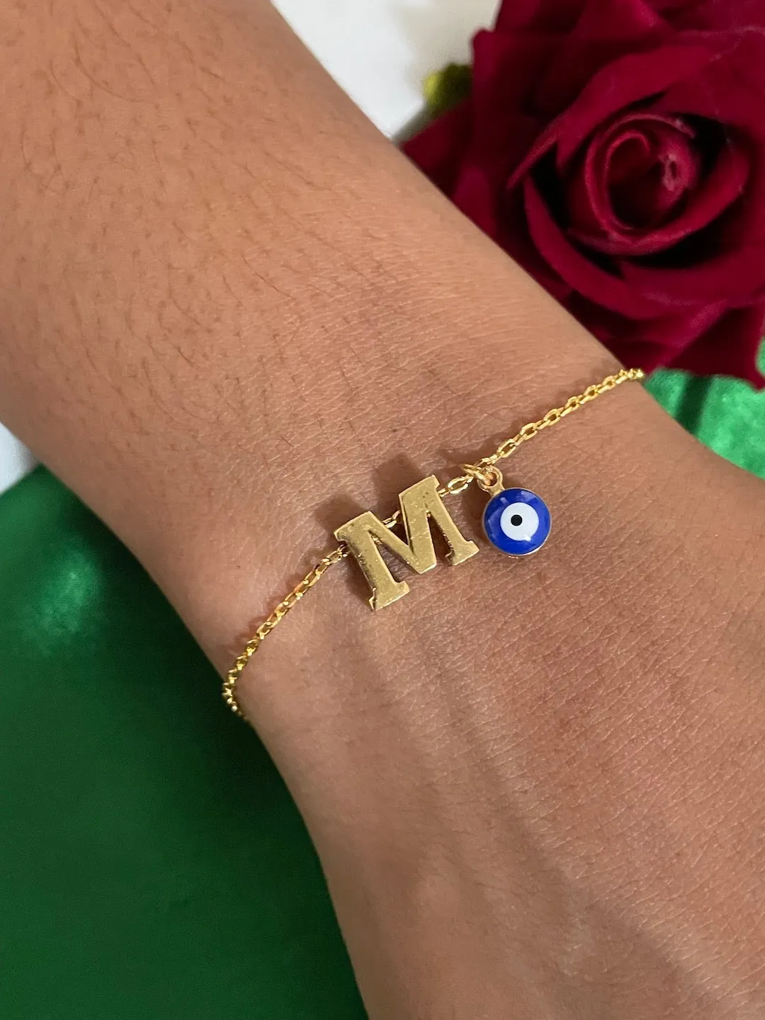 Name Initial Letter Bracelet With Blue Evil Eye Charm