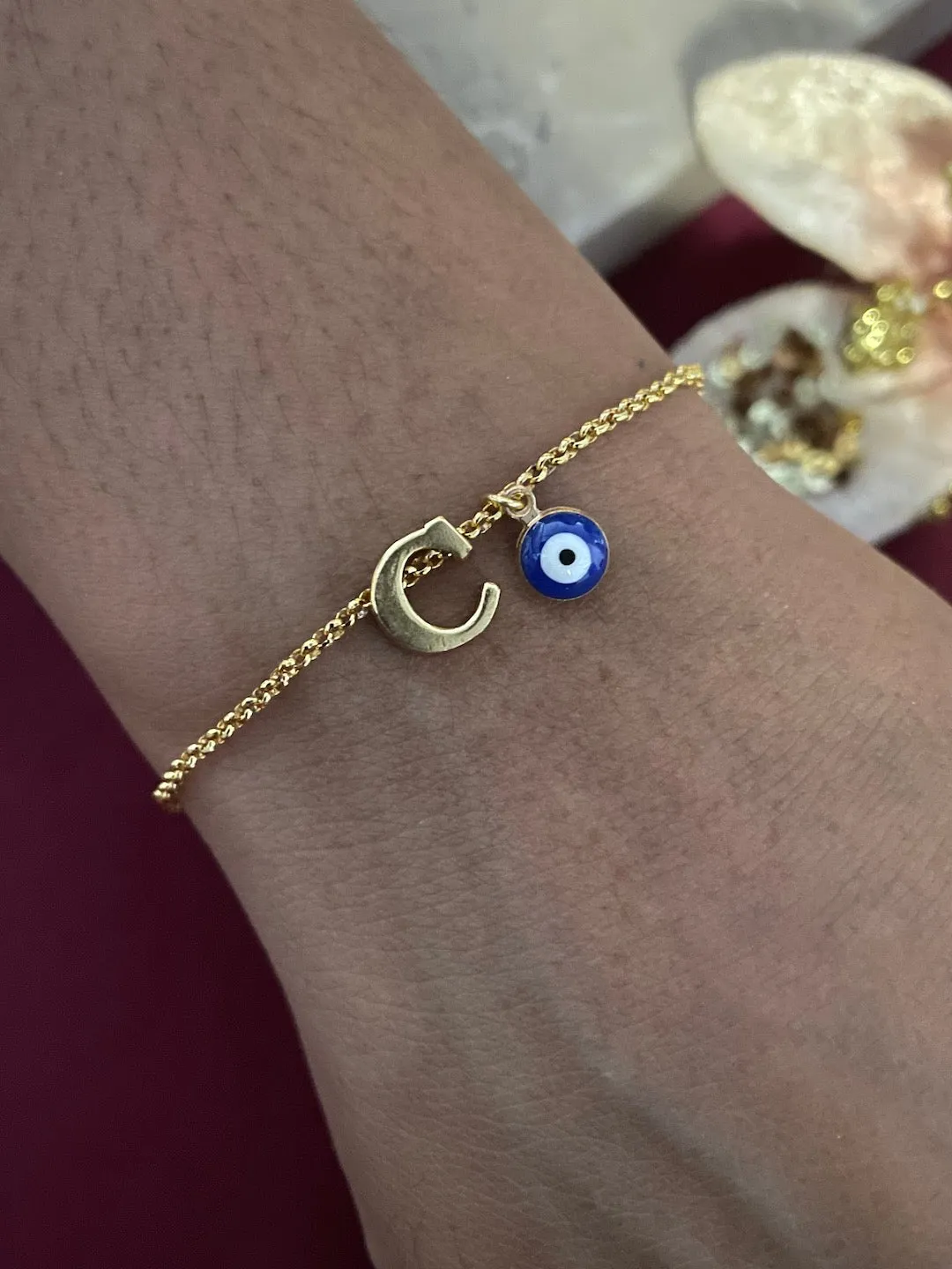 Name Initial Letter Bracelet With Blue Evil Eye Charm