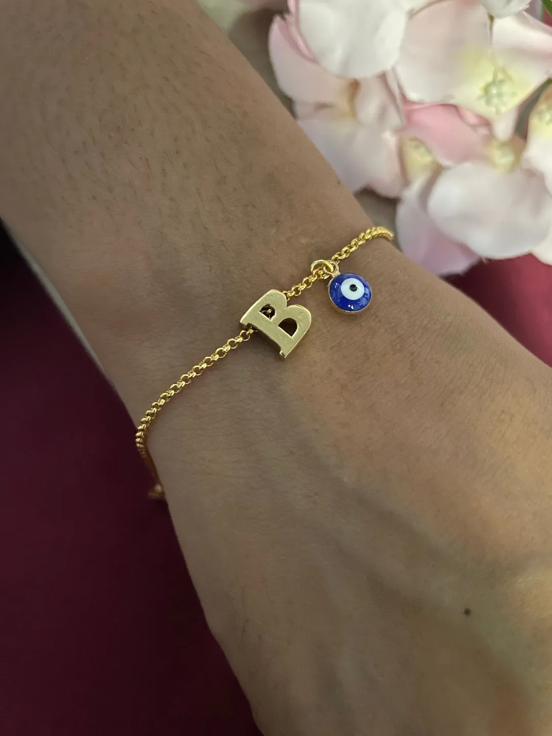 Name Initial Letter Bracelet With Blue Evil Eye Charm